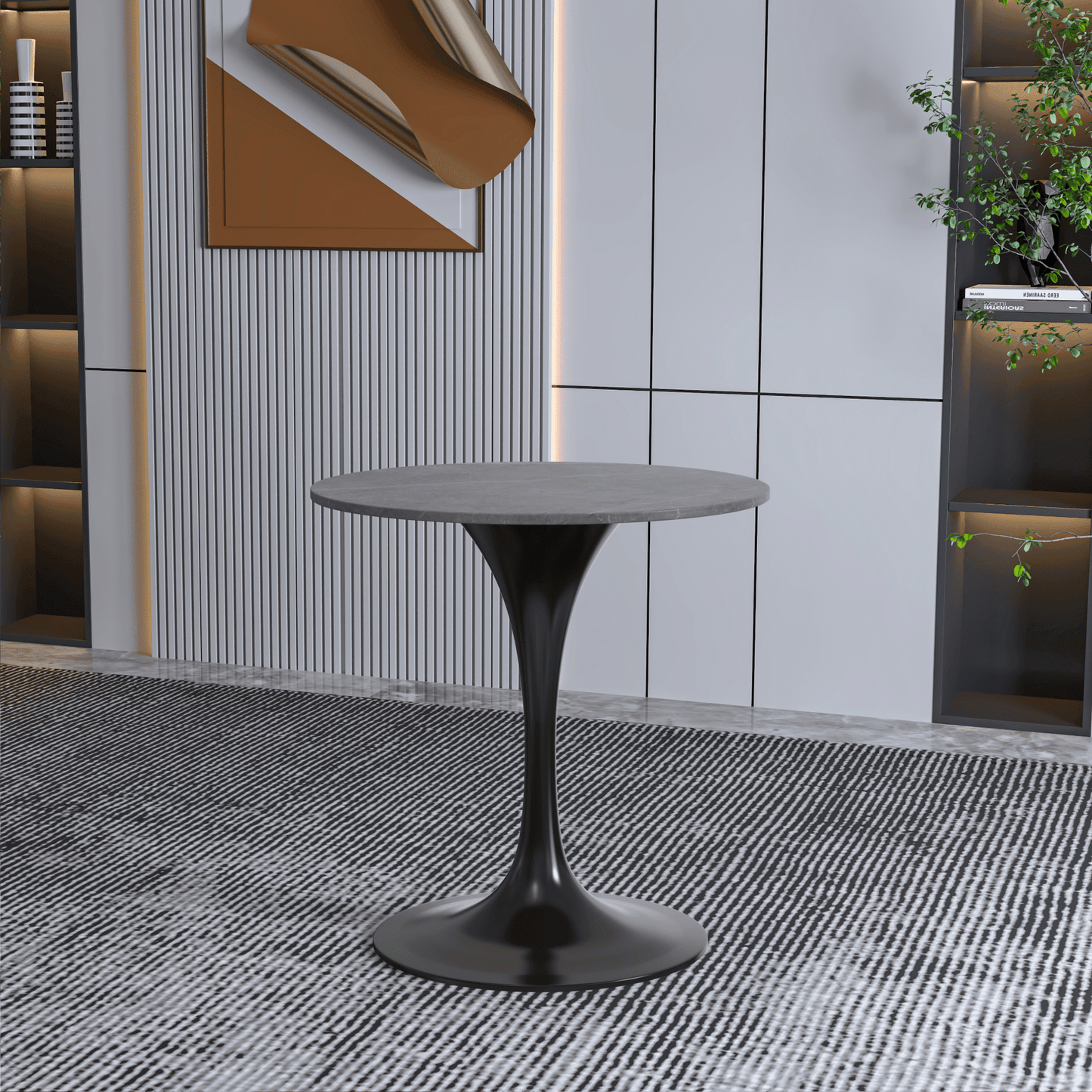 Verve Round Dining Table with MDF/Sintered Stone/Resin Tabletop in Black Stainless Steel Pedestal Base