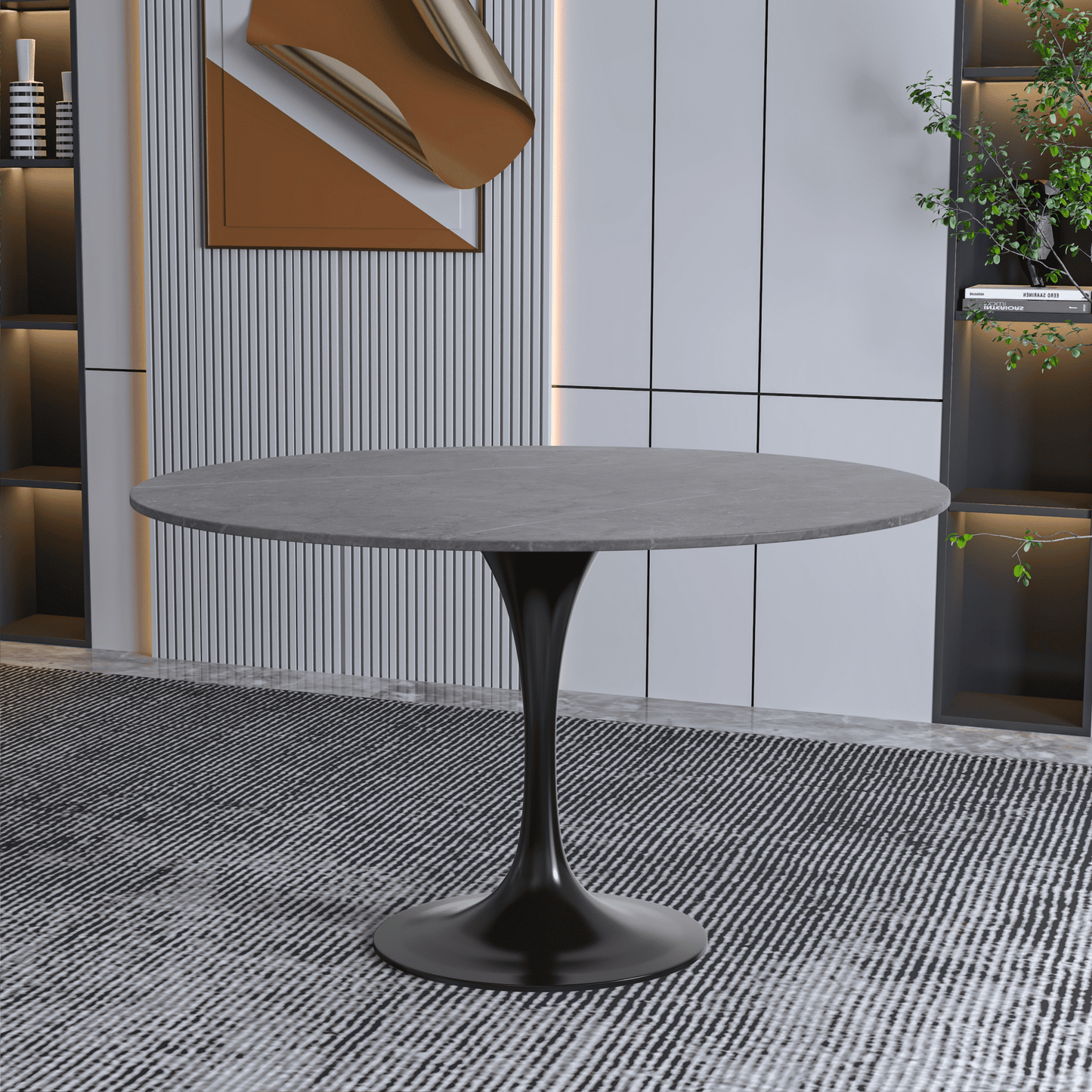 Verve Round Dining Table with MDF/Sintered Stone/Resin Tabletop in Black Stainless Steel Pedestal Base