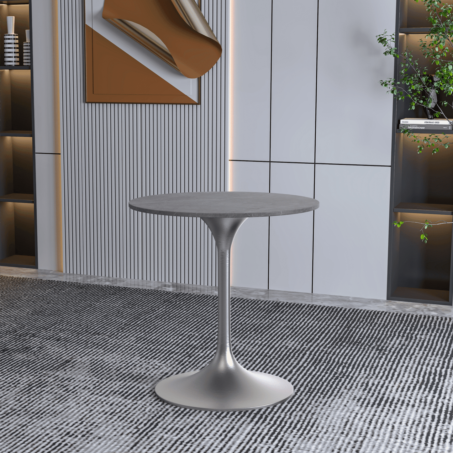 Verve Round Dining Table with MDF/Sintered Stone/Resin Tabletop in Silver Stainless Steel Pedestal Base