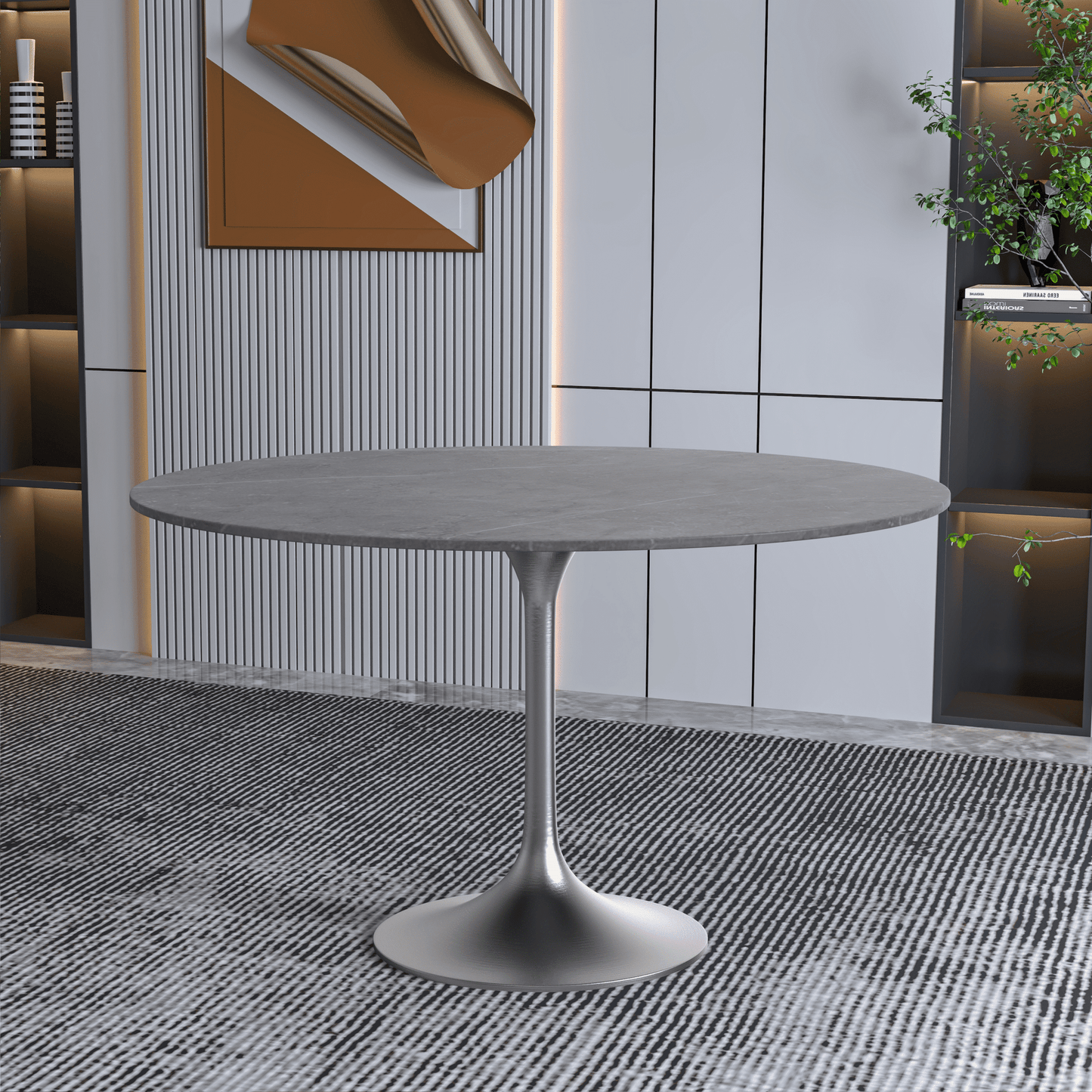 Verve Round Dining Table with MDF/Sintered Stone/Resin Tabletop in Silver Stainless Steel Pedestal Base