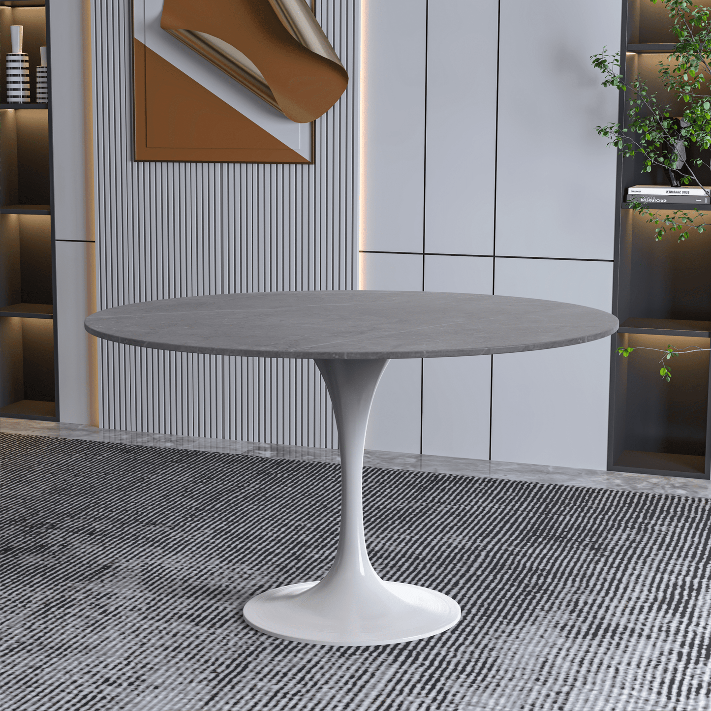 Verve Round Dining Table with MDF/Sintered Stone/Resin Tabletop in White Stainless Steel Pedestal Base