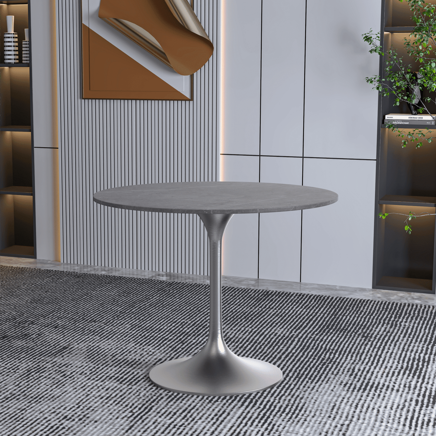 Verve Round Dining Table with MDF/Sintered Stone/Resin Tabletop in Silver Stainless Steel Pedestal Base