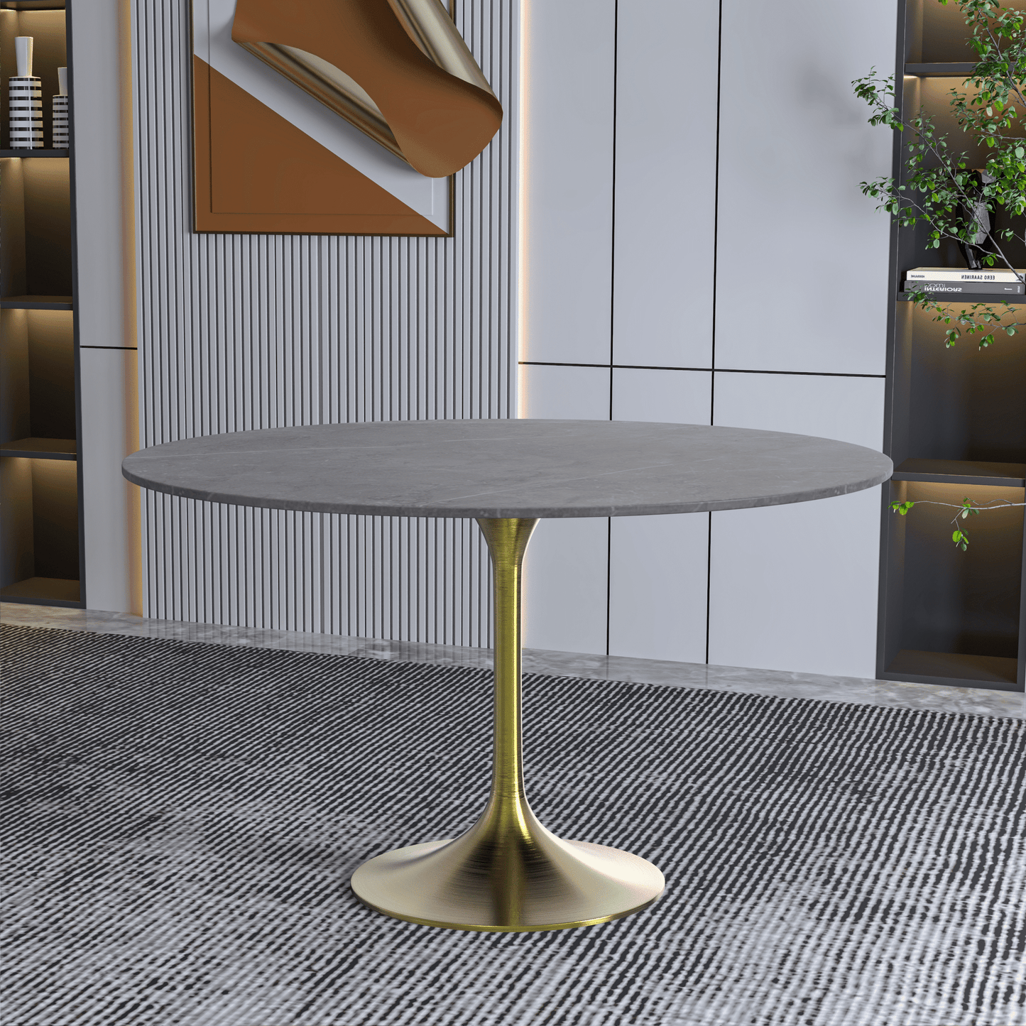 Verve Round Dining Table with MDF/Sintered Stone/Resin Tabletop in Gold Stainless Steel Pedestal Base