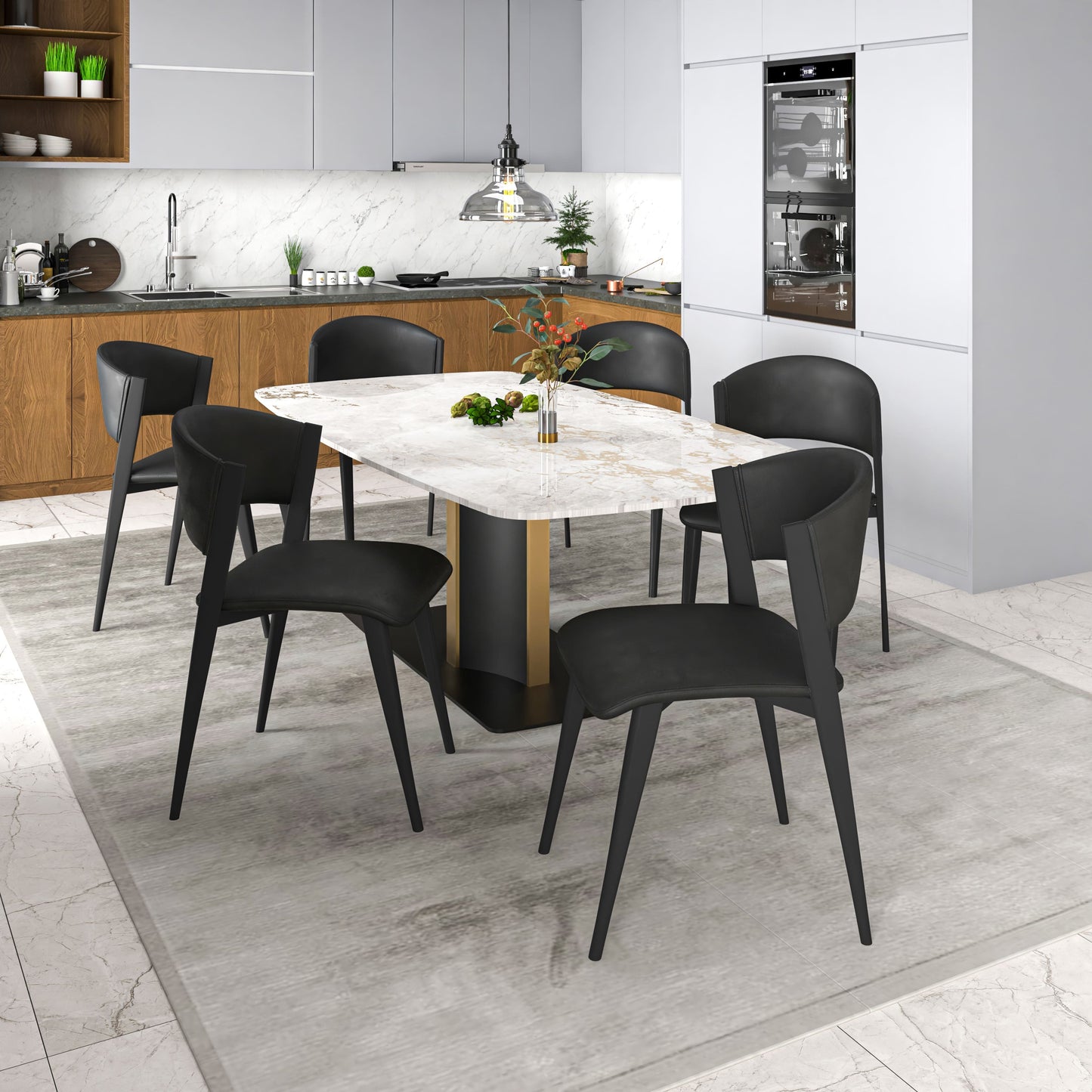 Sylvia 7-Piece Dining Set with Rectangular Table in Sintered Stone Top and 6 Leather Side Chairs