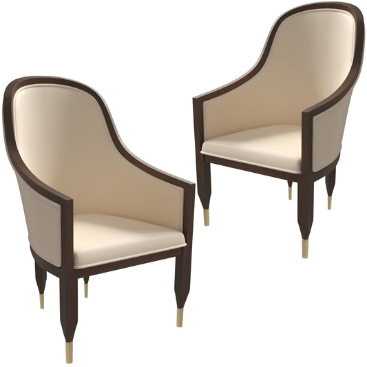 Belle Leather Dining Chair with Arms and Gold Metal Caps with Rubberwood Frame and Legs Set of 2