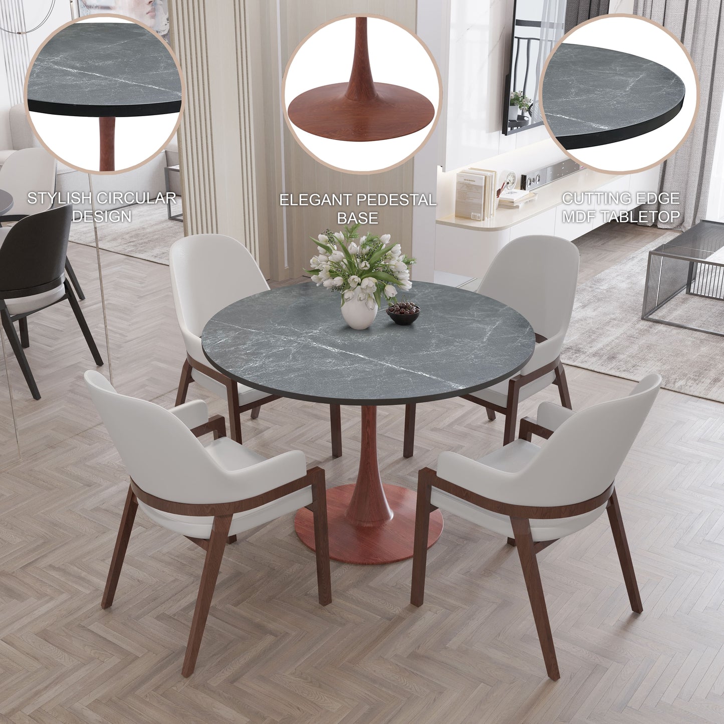 LeisureMod Bristol 36" Round Dining Table Wood Transfer Cherry/Natural/Walnut Base with MDF Table Top