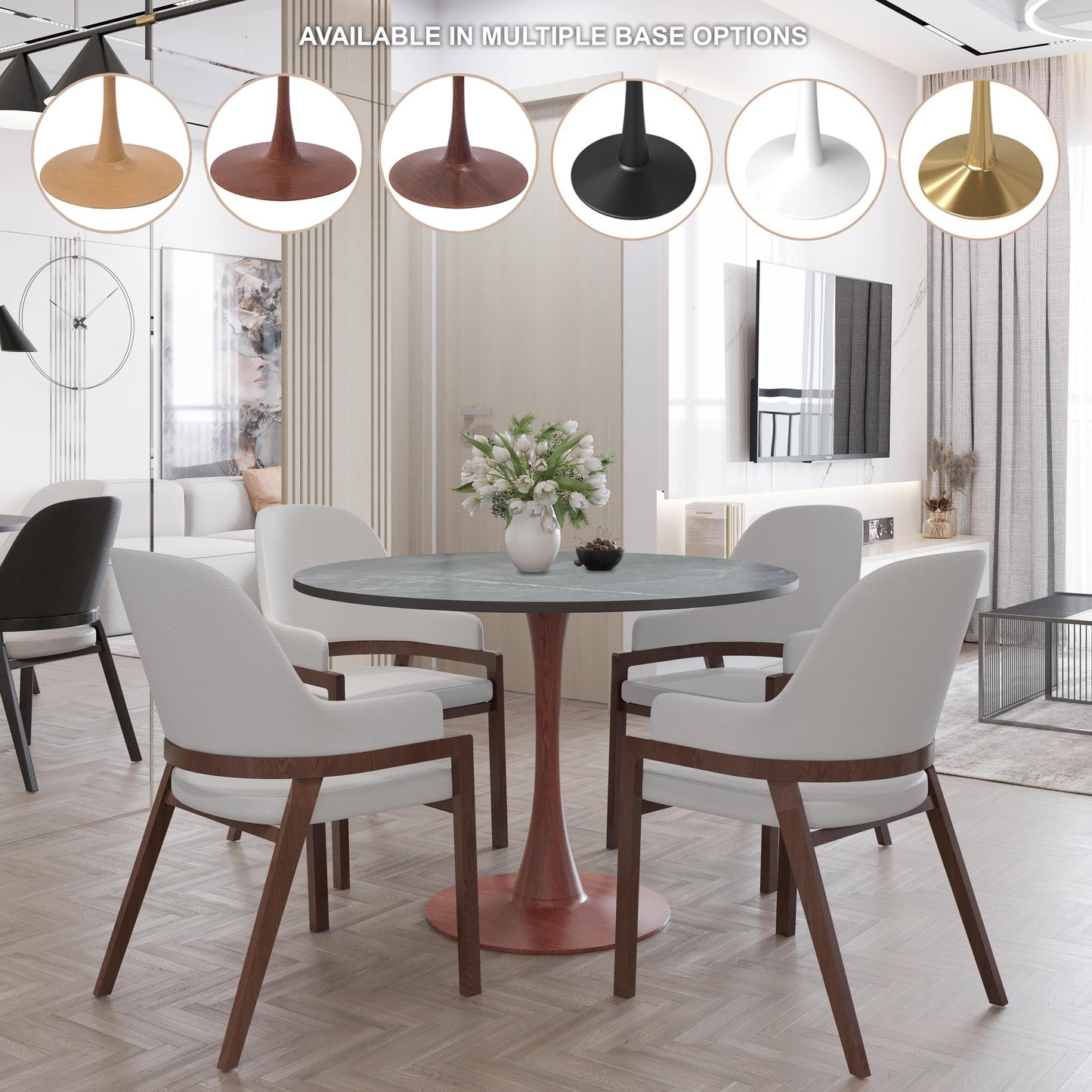 LeisureMod Bristol 36" Round Dining Table Wood Transfer Cherry/Natural/Walnut Base with MDF Table Top