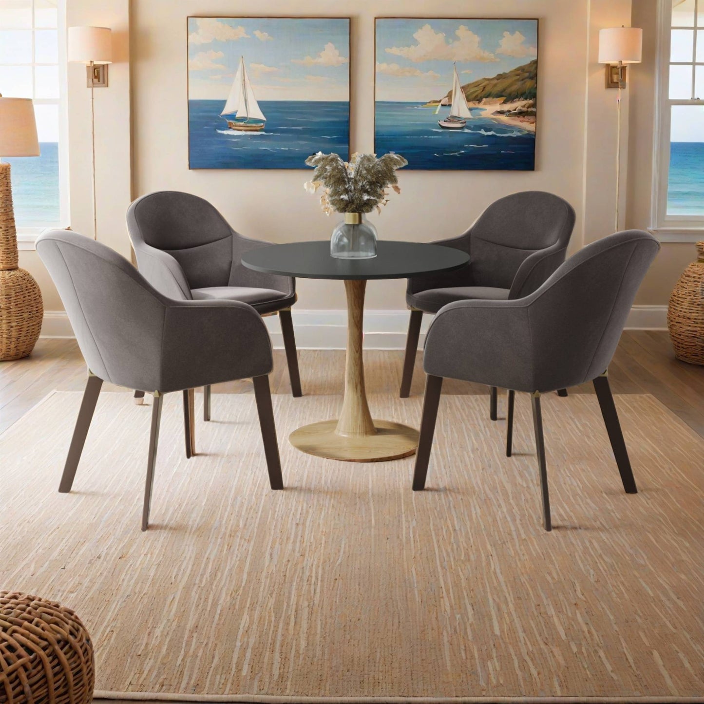 LeisureMod Bristol 27" Round Dining Table Wood Transfer Cherry/Natural/Walnut Base with MDF Table Top