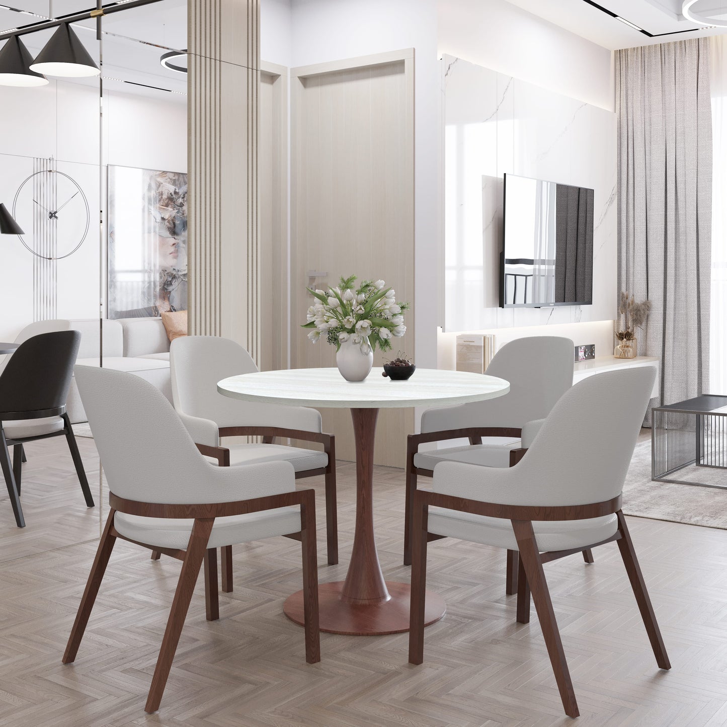 LeisureMod Bristol 27" Round Dining Table Wood Transfer Cherry/Natural/Walnut Base with MDF Table Top