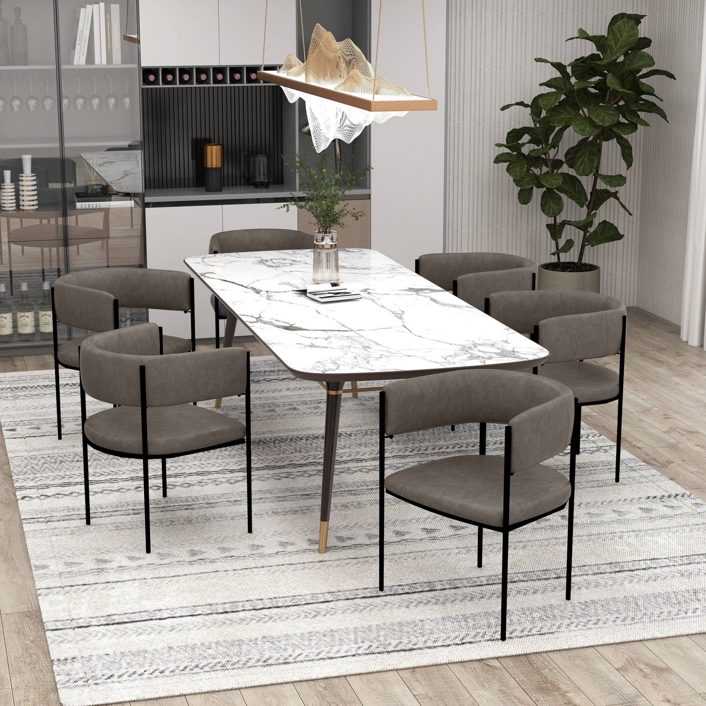 Cyril Dining Chair in Leather/Velvet with Open Back Design and Powder-Coated Iron Frame Set of 4