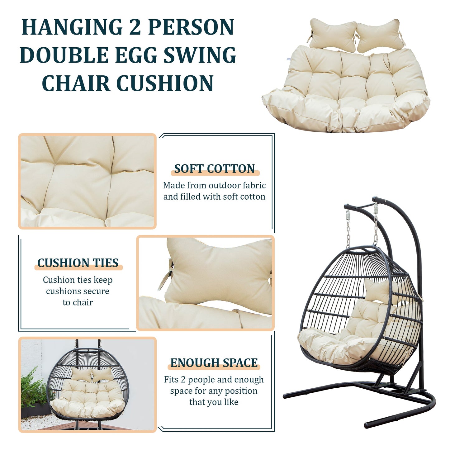 Modern Upholstered 2 Person Hanging Egg Swing Cushion with Headrest