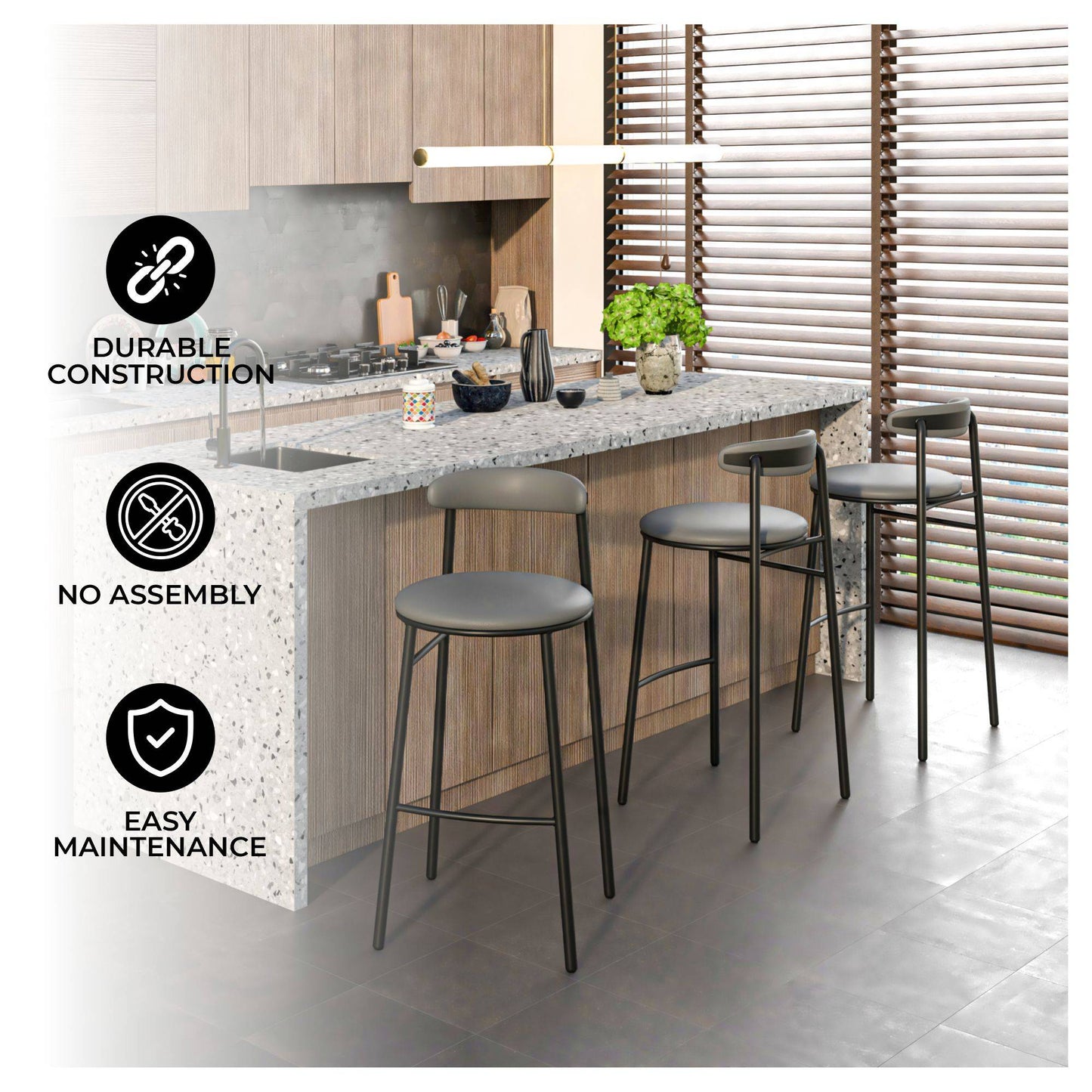 Lume Series Modern Bar Stool Upholstered in Leather for Dining Room and Kitchen