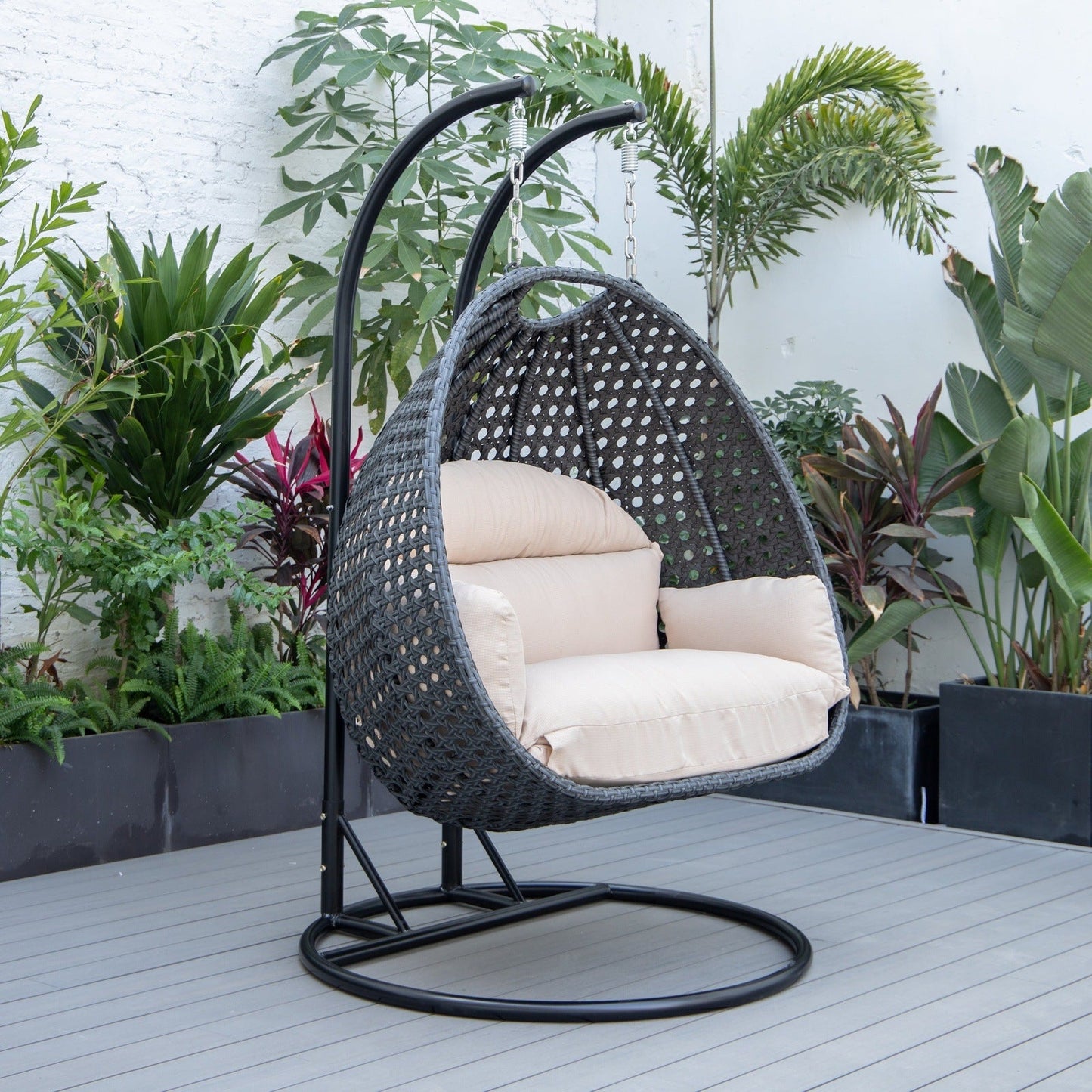 Mendoza 2-Person Wicker Hanging Egg Swing Chair with Removable Cushions with Iron Base