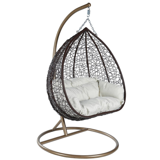 Recluse Two-Person Seater Hanging Swing Chair with Teardrop Design in Brown Frame