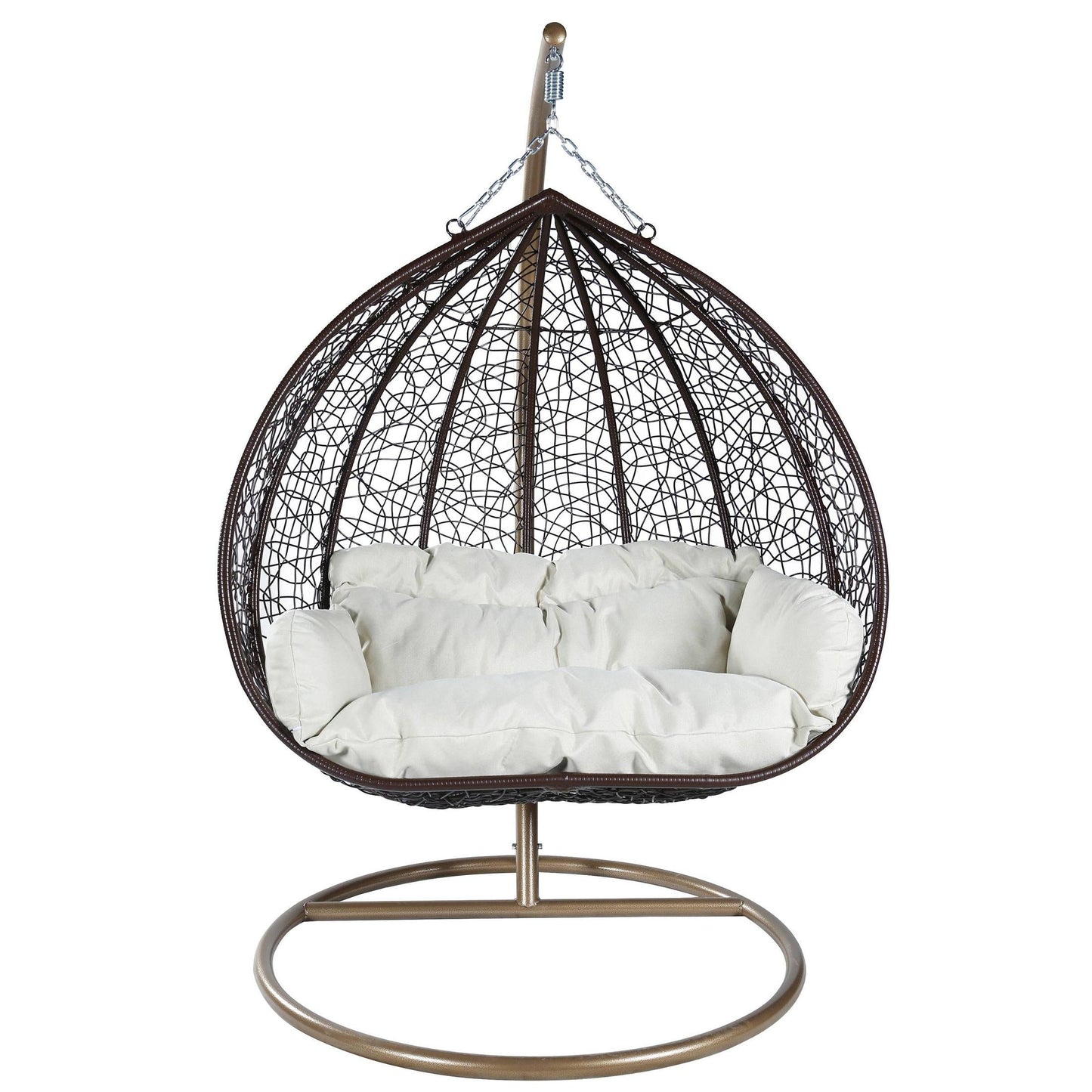 Recluse Two-Person Seater Hanging Swing Chair with Teardrop Design in Brown Frame