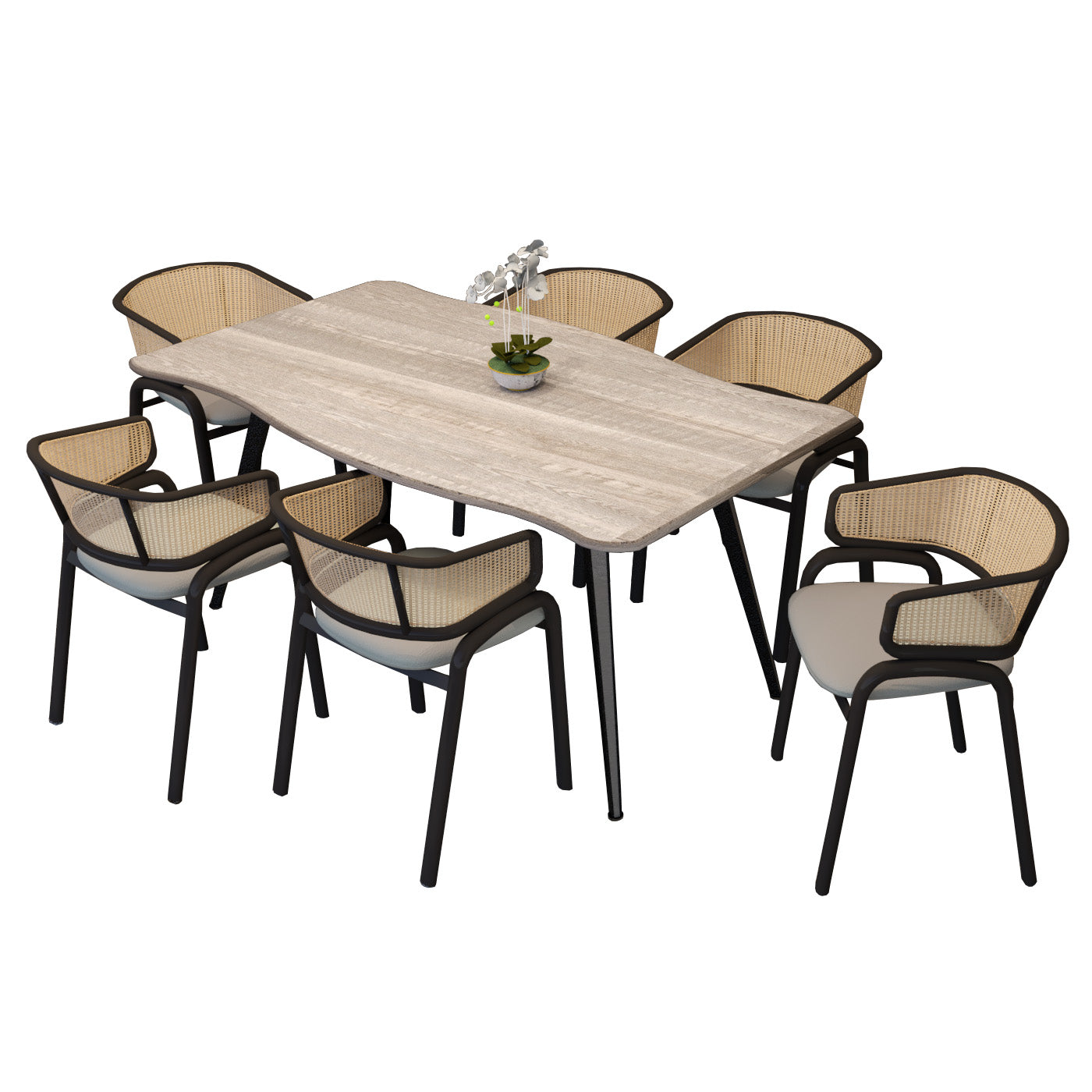 Ravenna 7-Piece Dining Set with 63” Rectangular Table and 6-Piece Velvet Arm Chairs