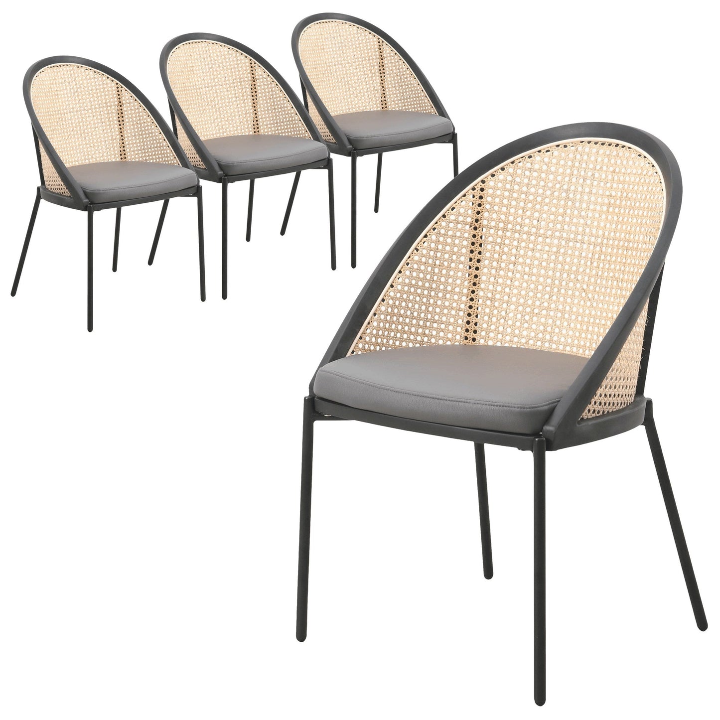 Urbane Dining Chair with Vinyl Fabric Seat and Wicker Backrest in Stainless Steel Legs Set of 4