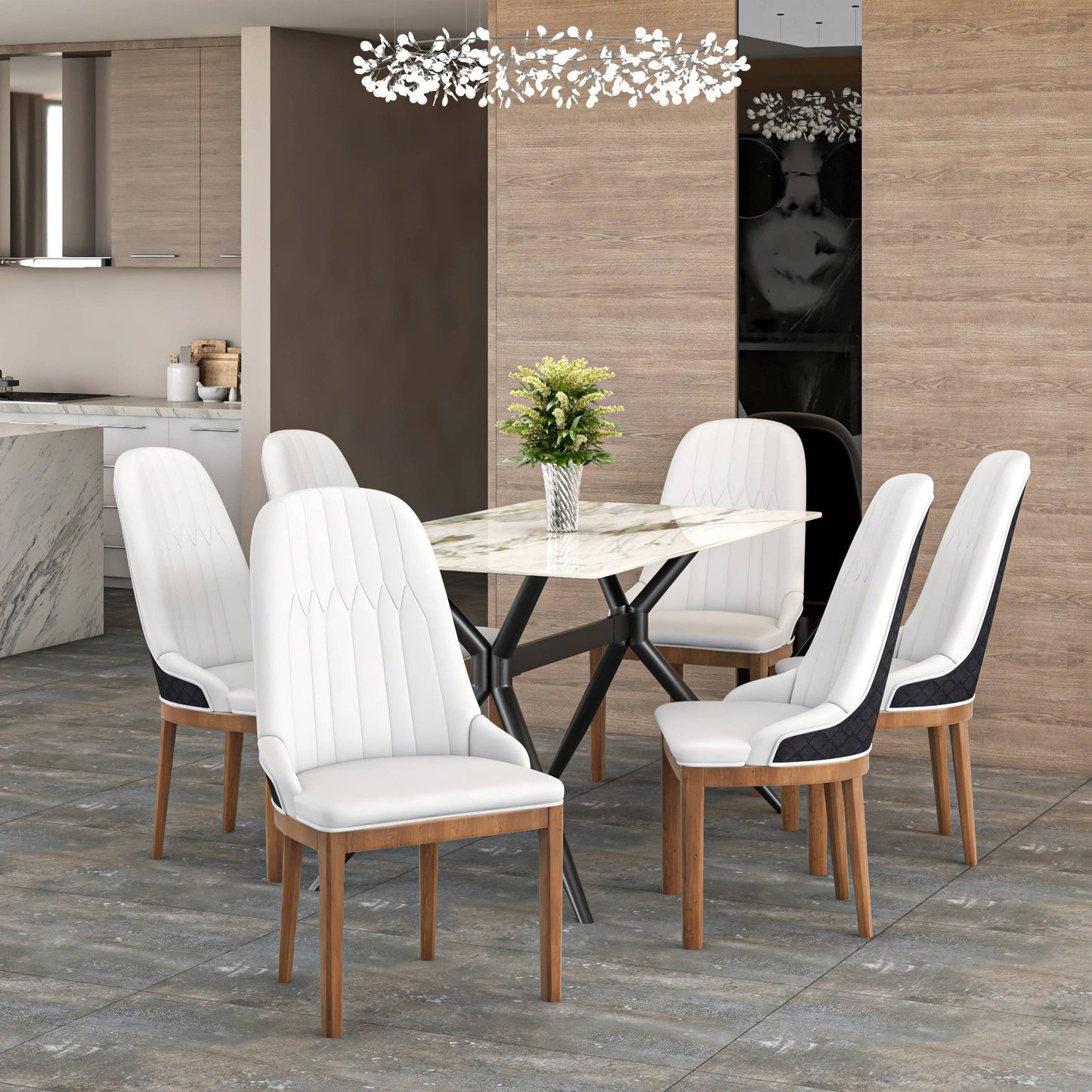 Verisma Dining Chair Upholstered in Leather with Diamond Stitching Back Design Set of 4