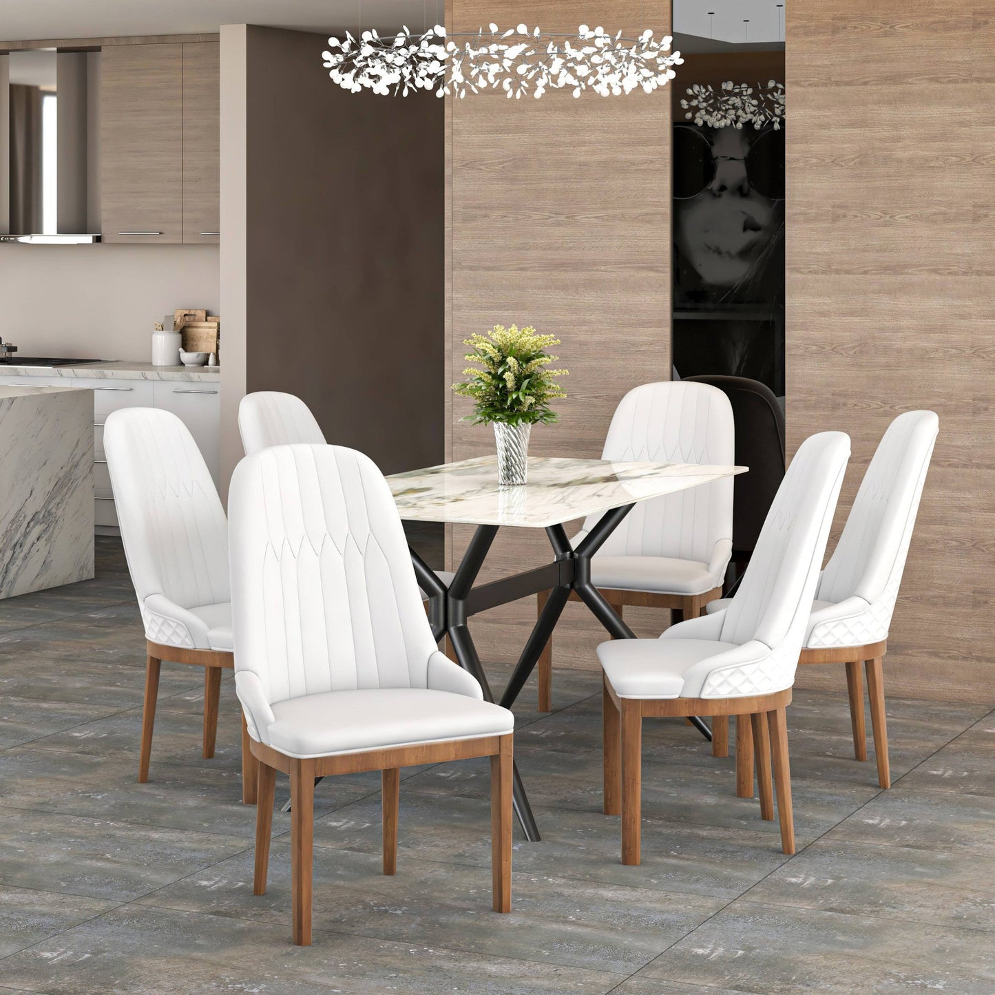 Verisma Dining Chair Upholstered in Leather with Diamond Stitching Back Design Set of 4