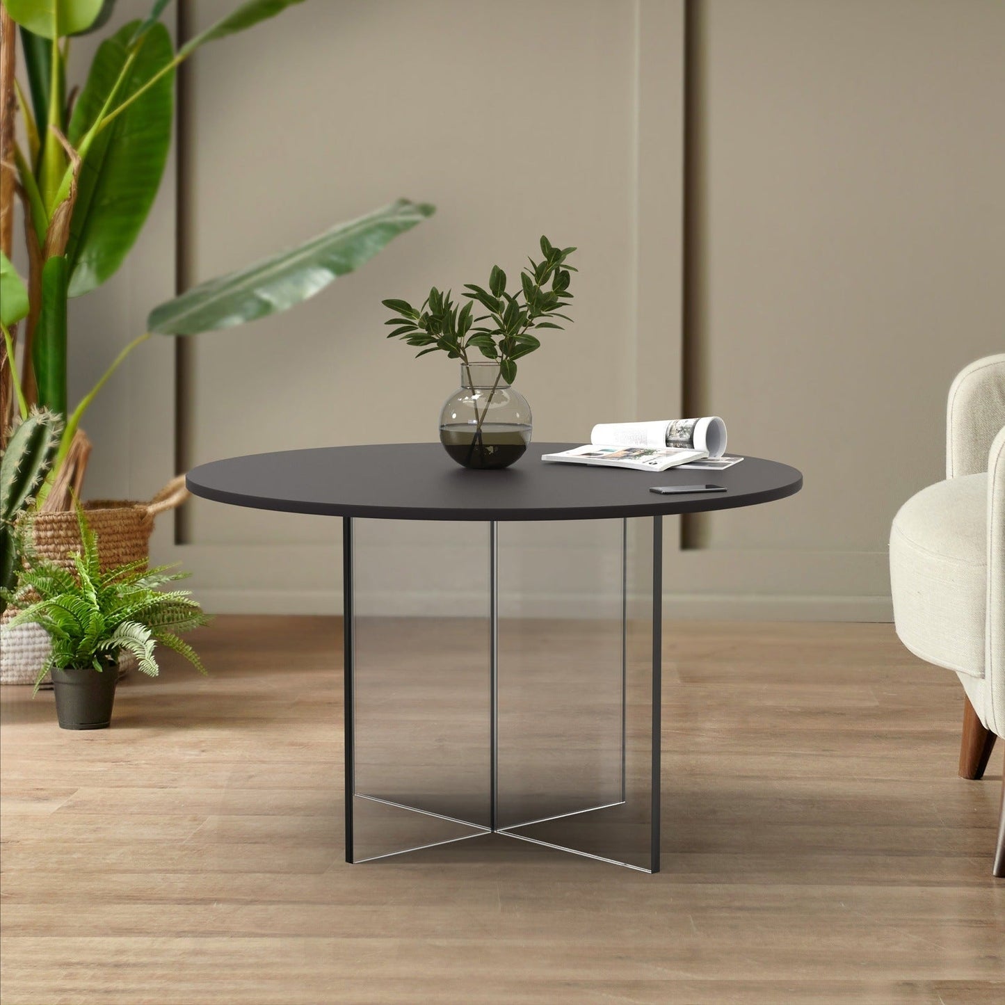 Valore Coffee Table with Round MDF Tabletop and Sturdy Acrylic Cross Base