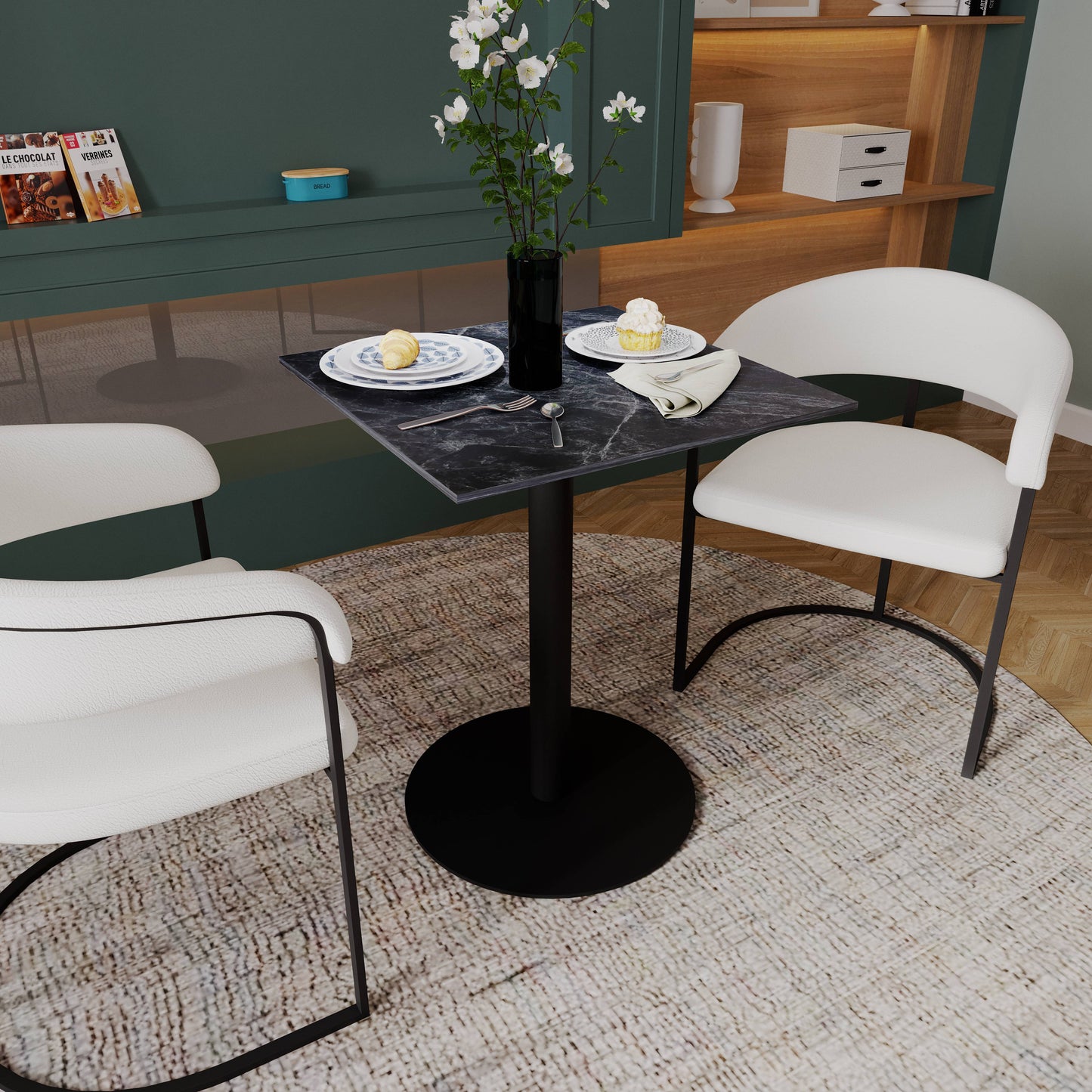 LeisureMod Vail Collection Dining Table Black/Gold Round Base With 24" Square Black MDF Top