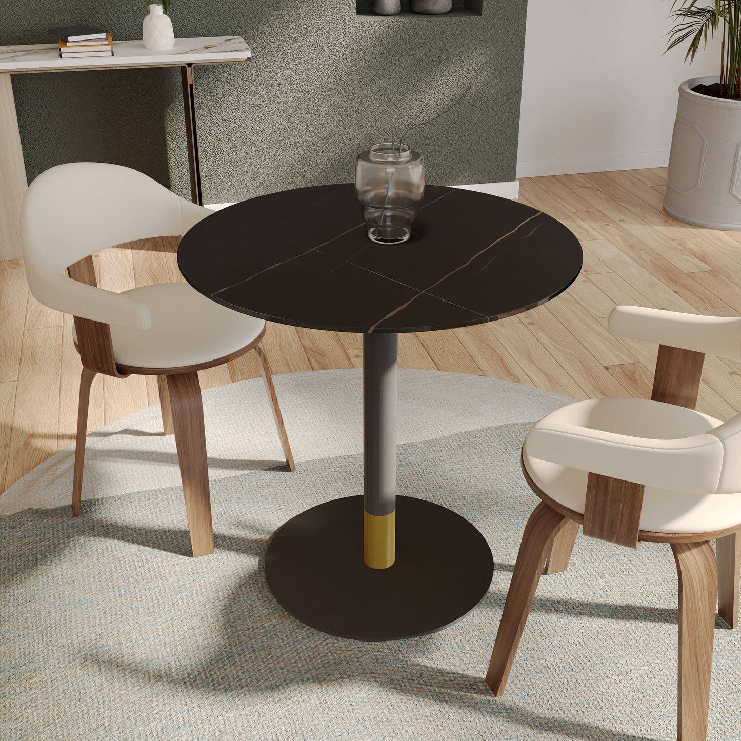 Vail Collection Dining Table Black/Gold Base With 27"/36" Round Stone Top