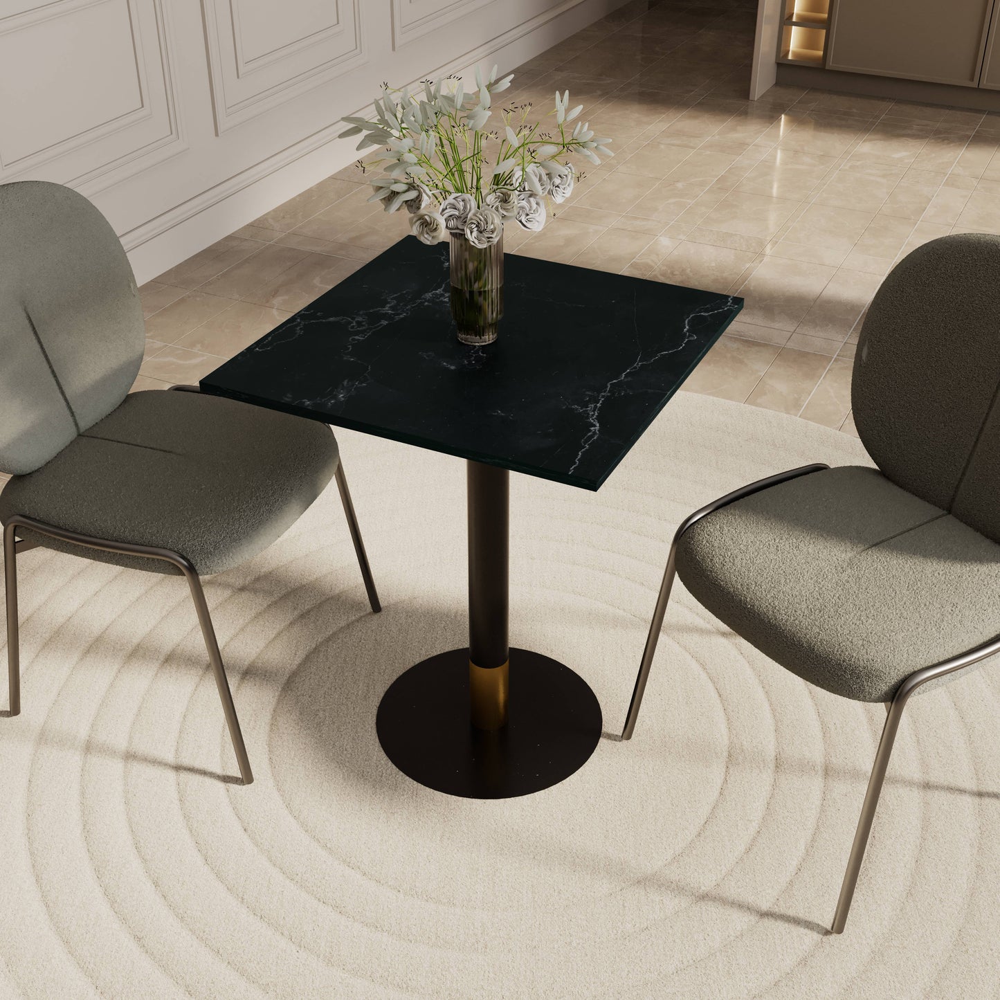 LeisureMod Vail Collection Dining Table Black/Gold Round Base With 24" Square Black MDF Top