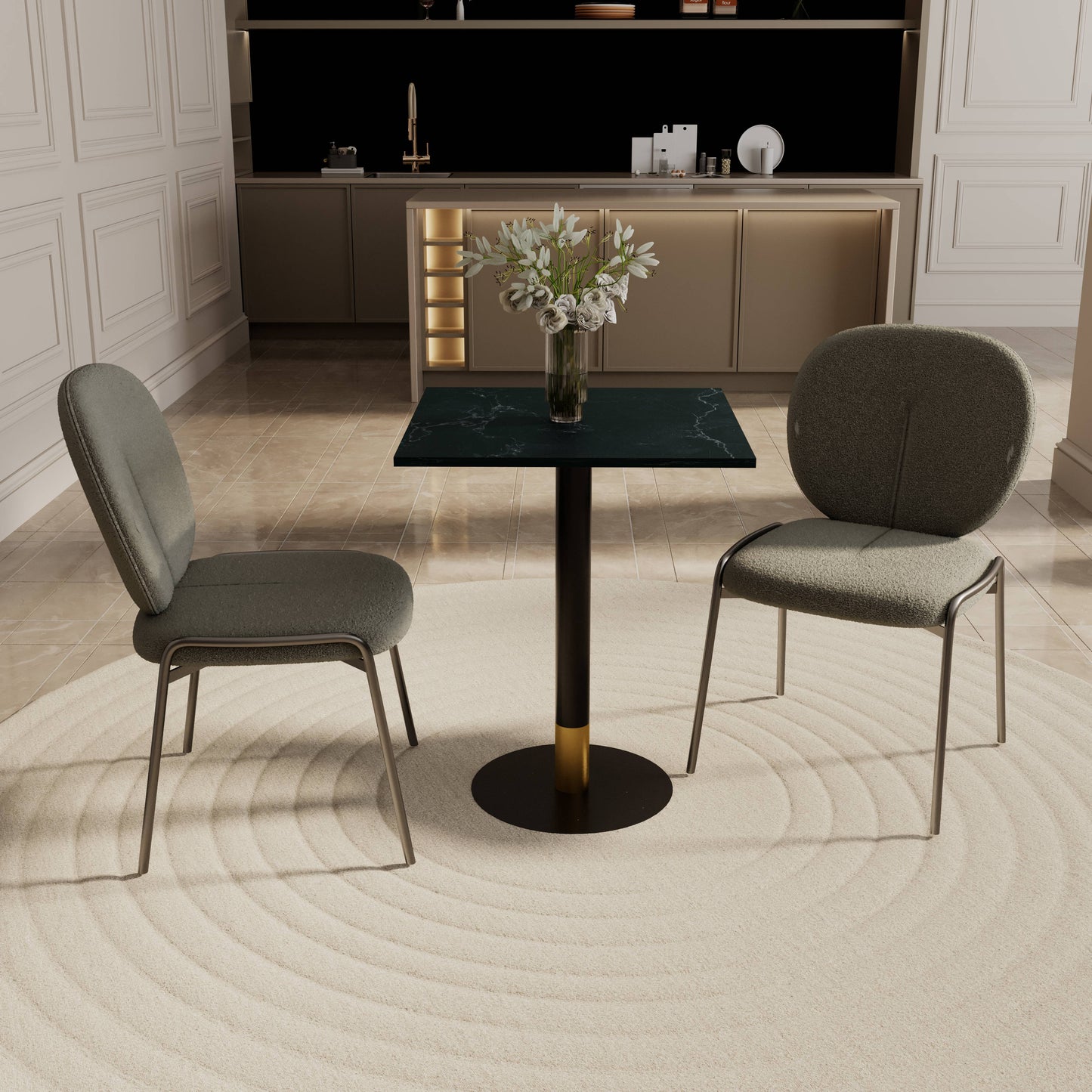 LeisureMod Vail Collection Dining Table Black/Gold Round Base With 24" Square Black MDF Top