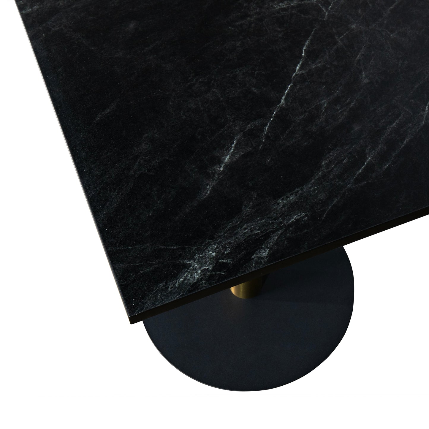 LeisureMod Vail Collection Dining Table Black/Gold Round Base With 24" Square Black MDF Top