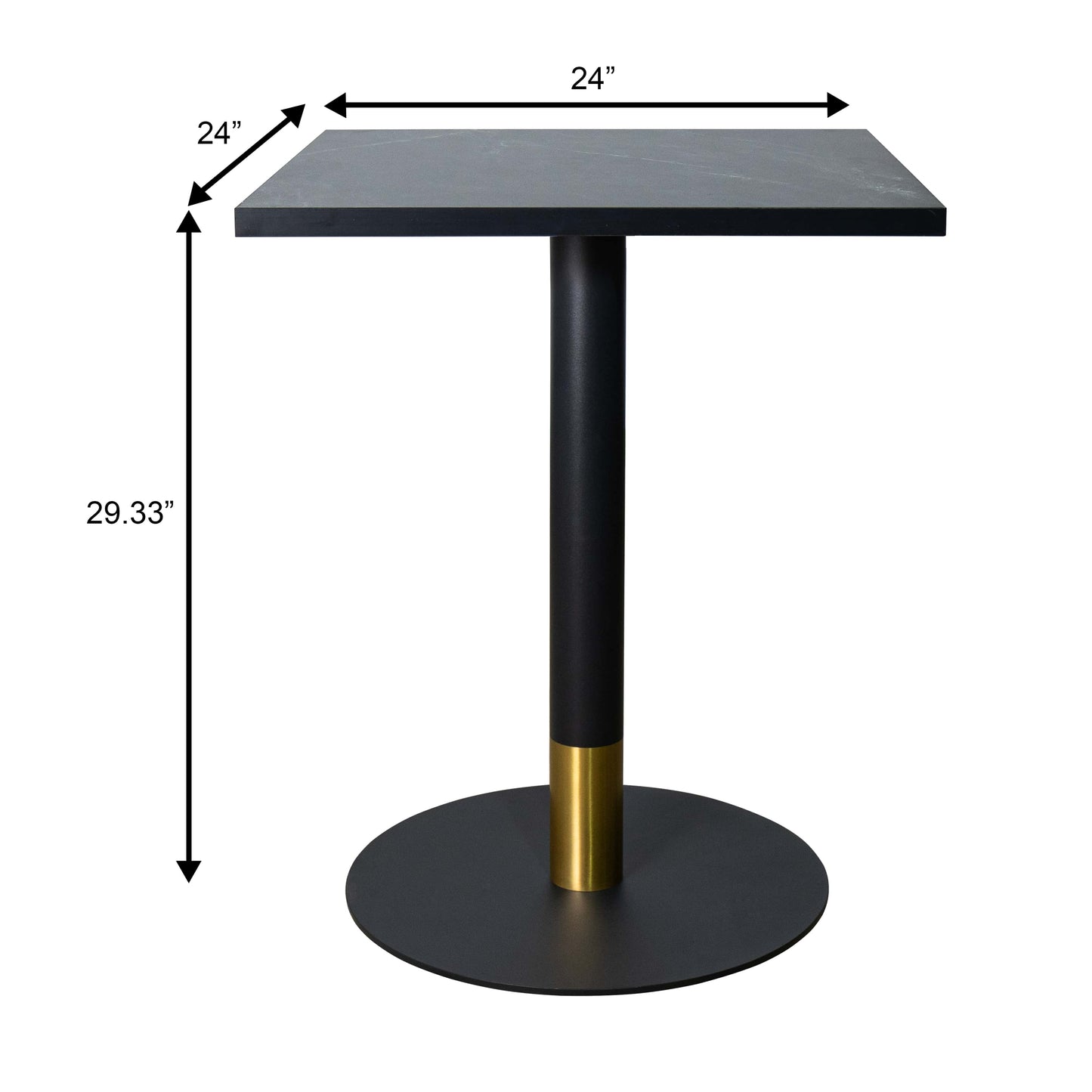 LeisureMod Vail Collection Dining Table Black/Gold Round Base With 24" Square Black MDF Top