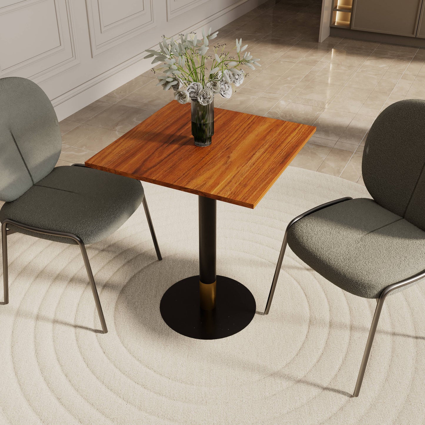 LeisureMod Vail Collection Dining Table Black/Gold Round Base With 24" Square Black MDF Top