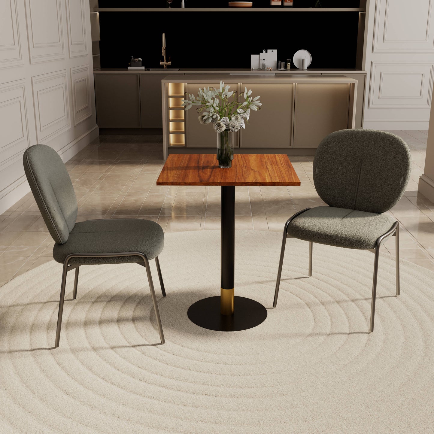 LeisureMod Vail Collection Dining Table Black/Gold Round Base With 24" Square Black MDF Top