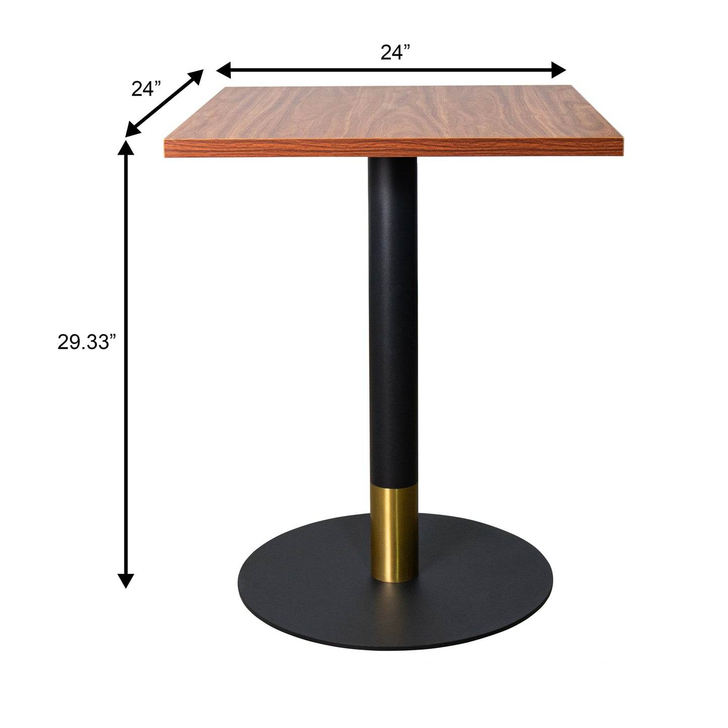 LeisureMod Vail Collection Dining Table Black/Gold Round Base With 24" Square Black MDF Top