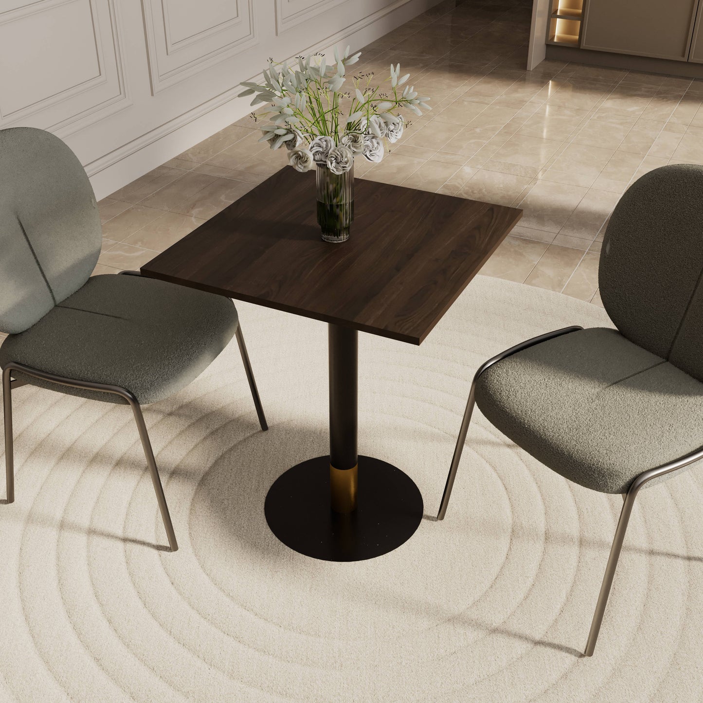 LeisureMod Vail Collection Dining Table Black/Gold Round Base With 24" Square Black MDF Top