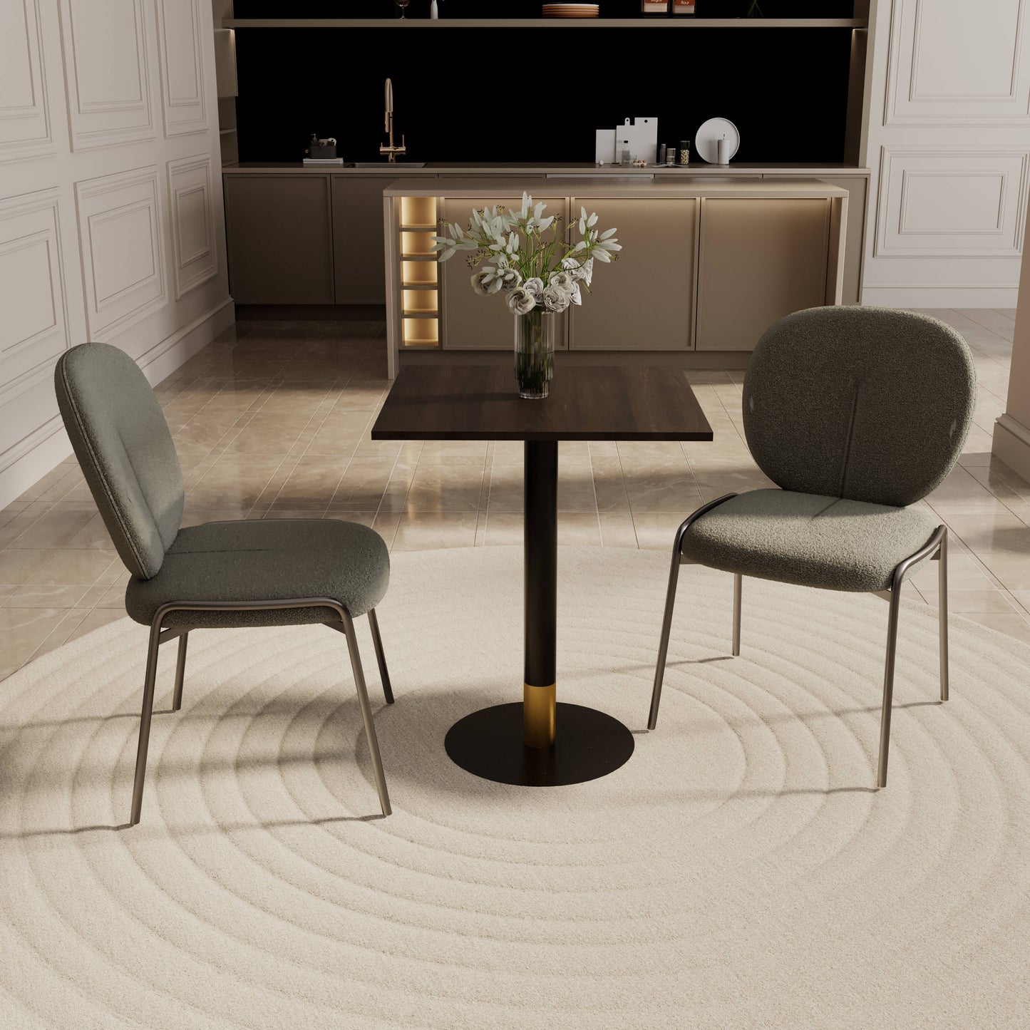 LeisureMod Vail Collection Dining Table Black/Gold Round Base With 24" Square Black MDF Top