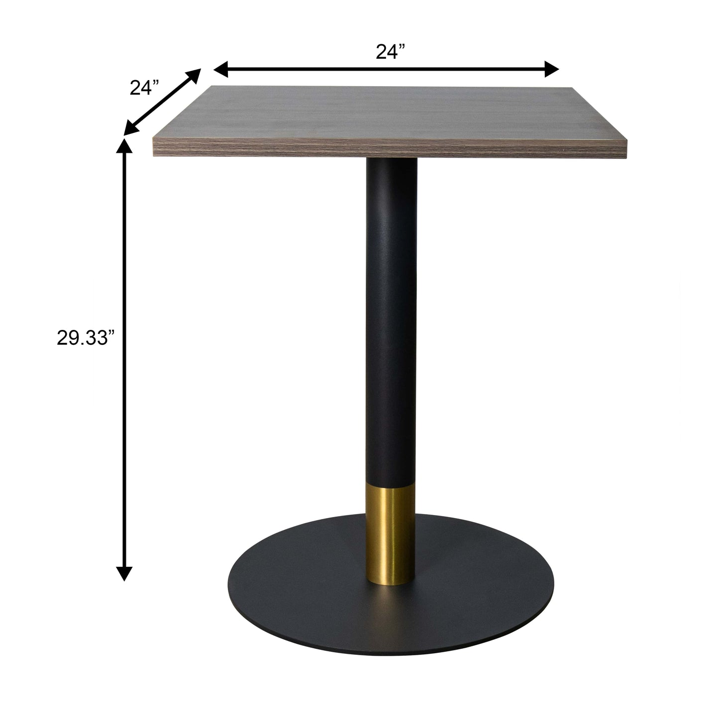LeisureMod Vail Collection Dining Table Black/Gold Round Base With 24" Square Black MDF Top