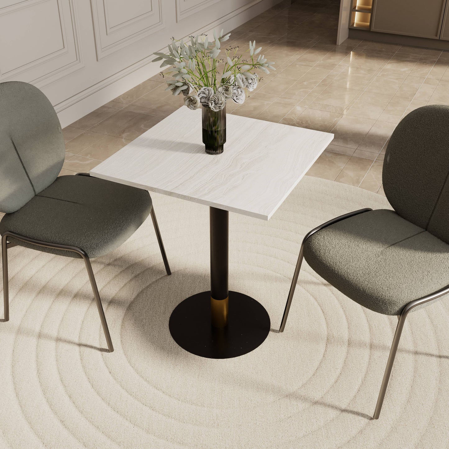 LeisureMod Vail Collection Dining Table Black/Gold Round Base With 24" Square Black MDF Top