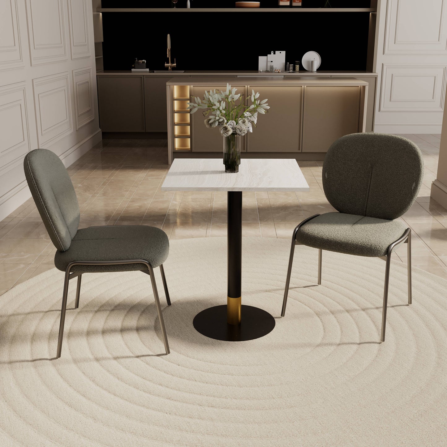 LeisureMod Vail Collection Dining Table Black/Gold Round Base With 24" Square Black MDF Top