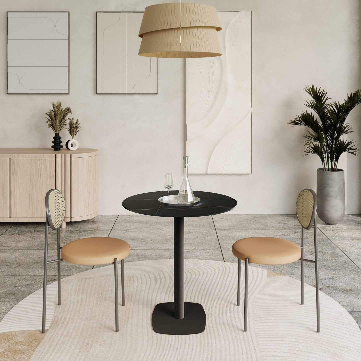 Vail Collection Dining Table Black Rectangle Base With 27"/36" Round Stone Top