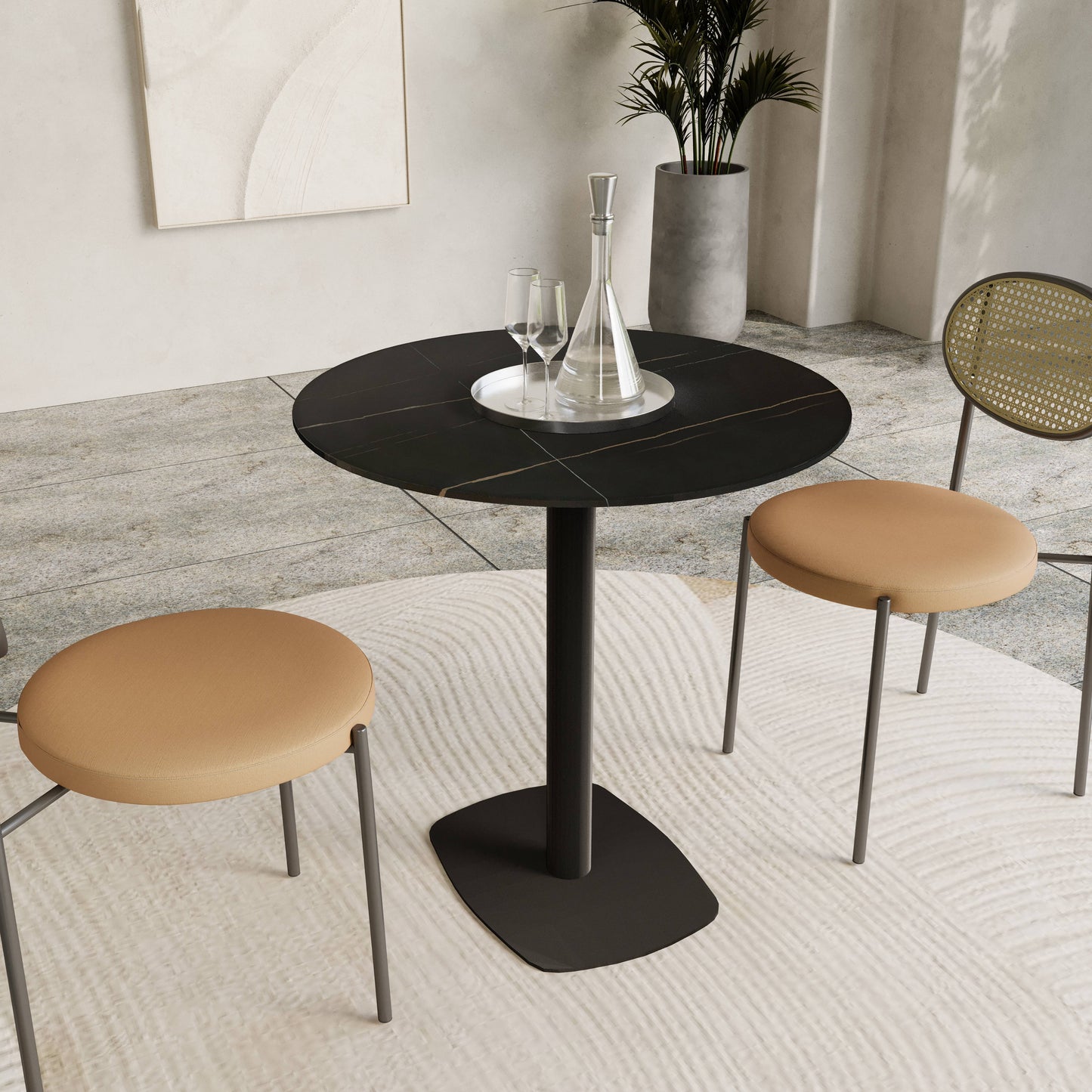 Vail Collection Dining Table Black Rectangle Base With 27"/36" Round Stone Top