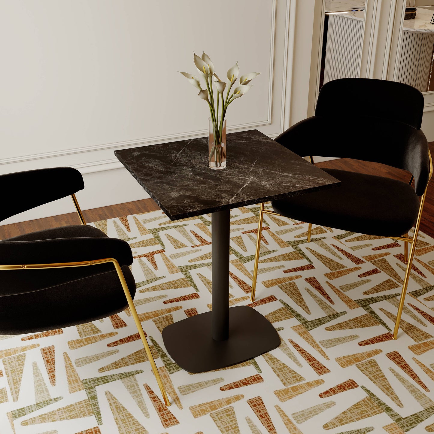 LeisureMod Vail Collection Dining Table Black Rectangle Base With 24" Square MDF Top