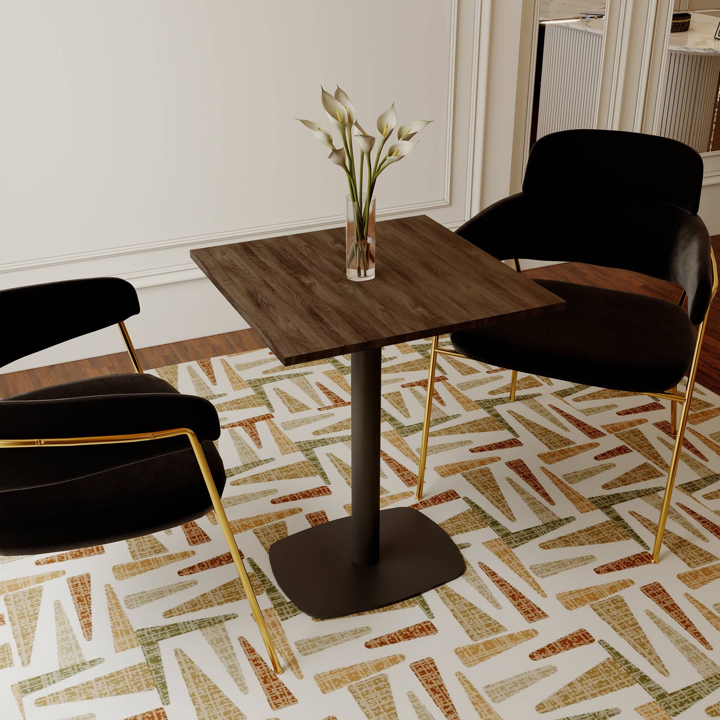 LeisureMod Vail Collection Dining Table Black Rectangle Base With 24" Square MDF Top