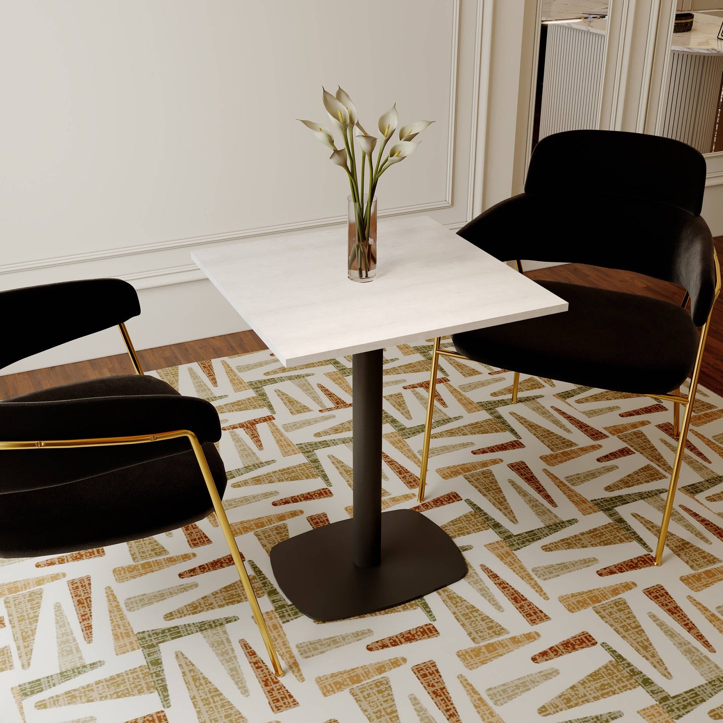 LeisureMod Vail Collection Dining Table Black Rectangle Base With 24" Square MDF Top