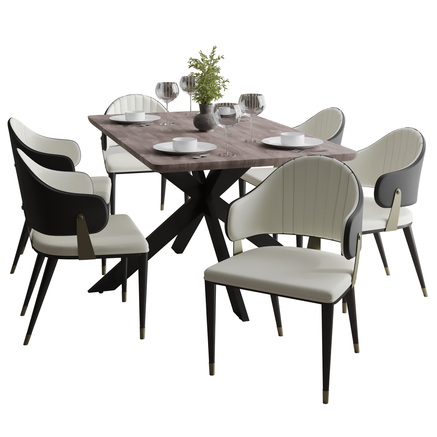 Ravenna 7-Piece Dining Set with Rectangular Dining Table in Rustic Gray MDF Top and 4 Leather/Velvet Dining Chairs