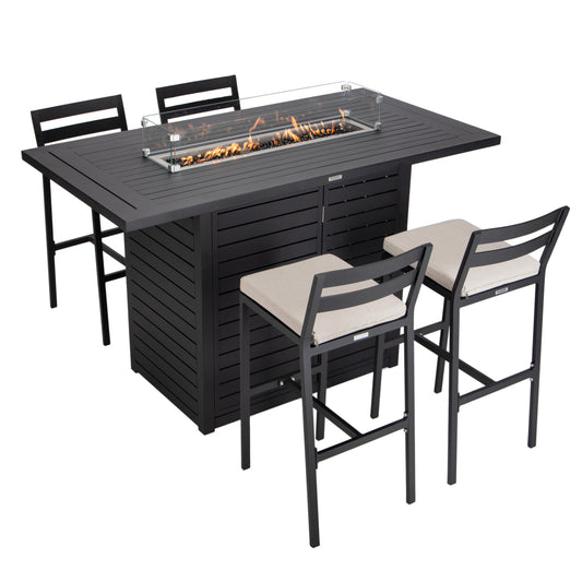 Chelsea Collection Aluminum Outdoor Dining Set, 1 Bar Height Fire Pit Table and 4 Bar Chair With Cushions