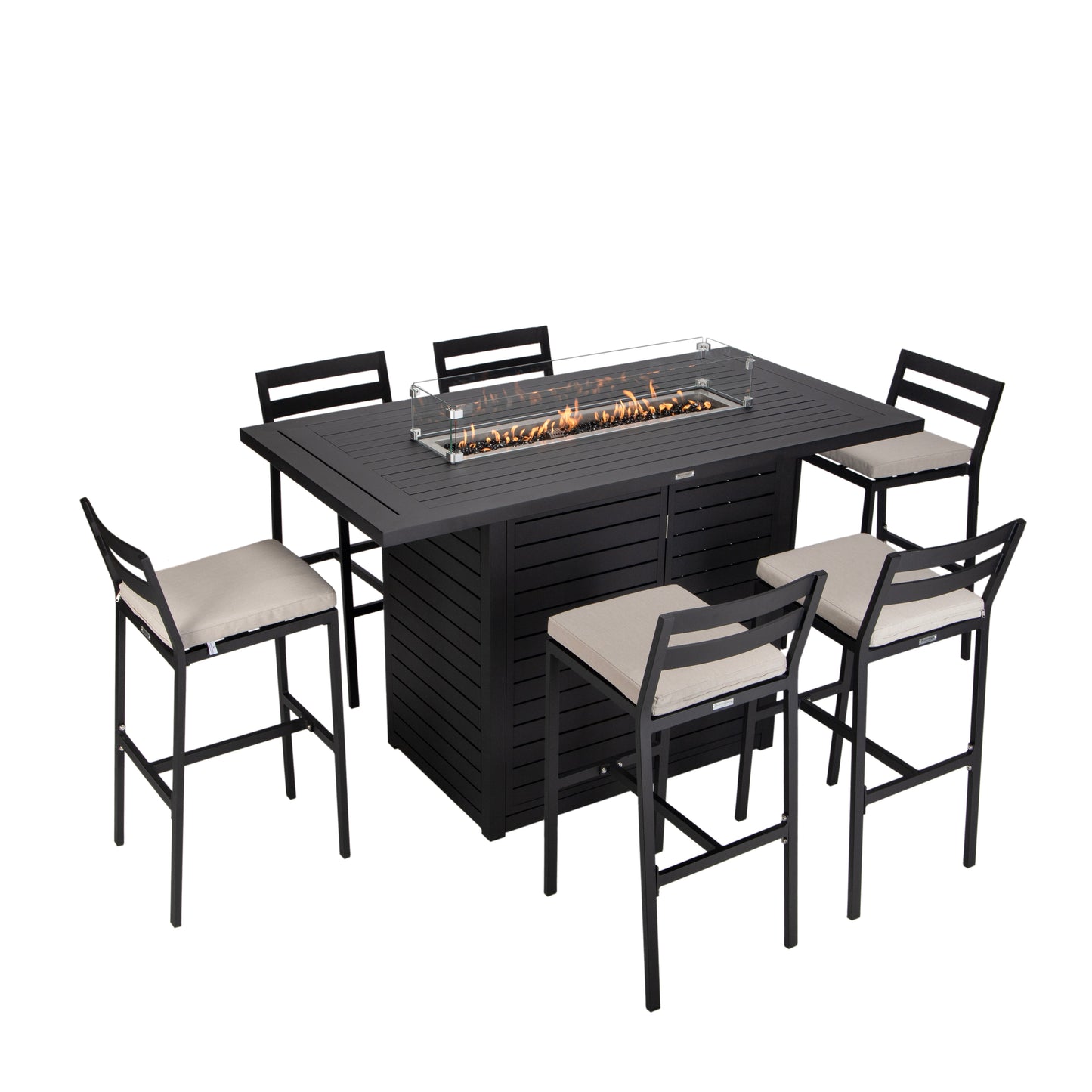 Chelsea Collection Aluminum Outdoor Dining Set, 1 Bar Height Fire Pit Table and 6 Bar Chair With Cushions