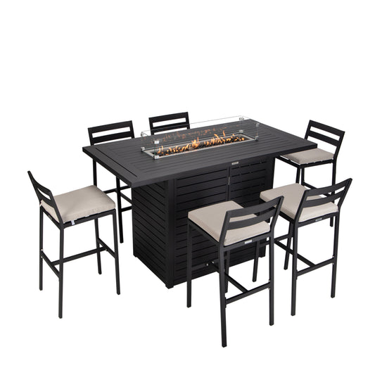 Chelsea Collection Aluminum Outdoor Dining Set, 1 Bar Height Fire Pit Table and 6 Bar Chair With Cushions
