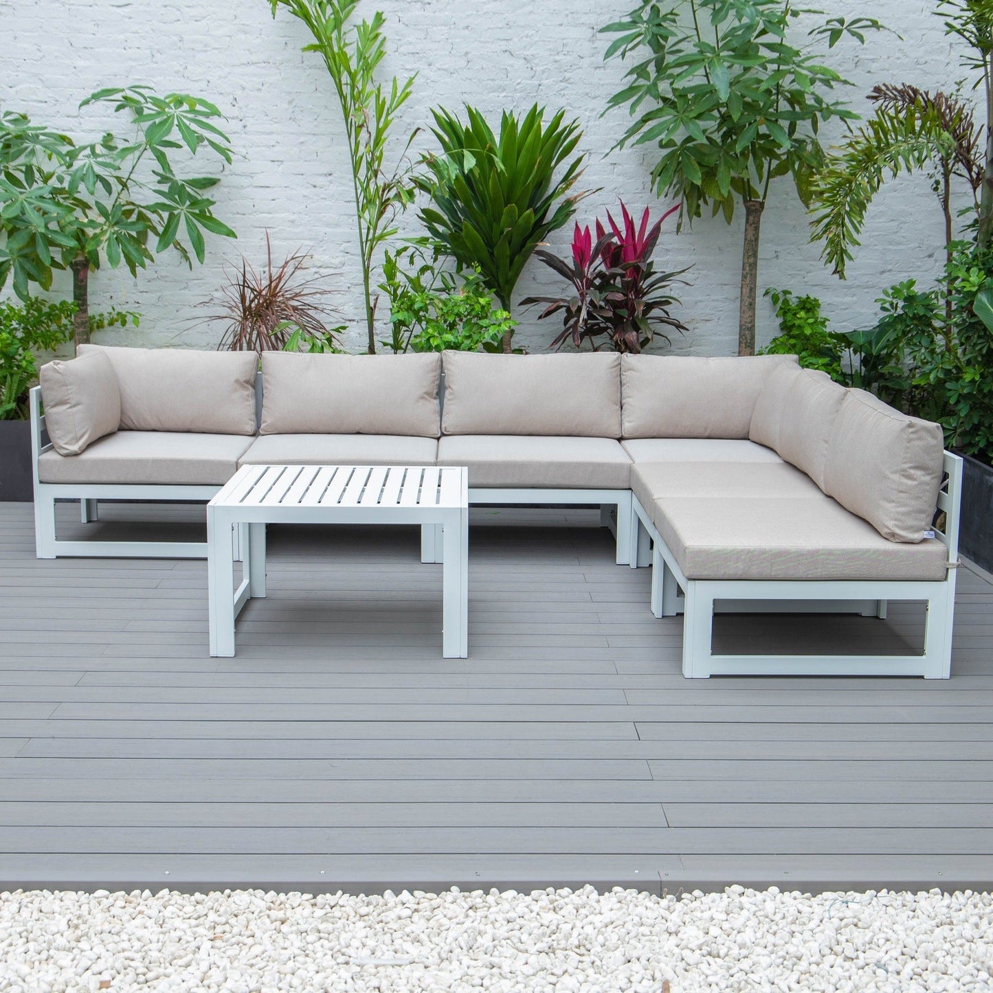 Chelsea 7-Piece Patio Sectional And Coffee Table Set In White Aluminum With Cushions