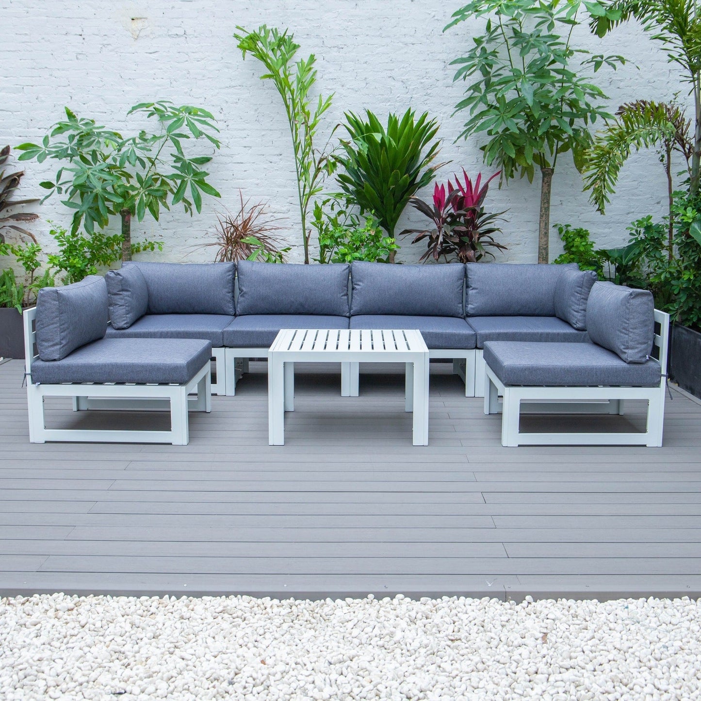Chelsea 7-Piece Patio Sectional And Coffee Table Set In White Aluminum With Cushions