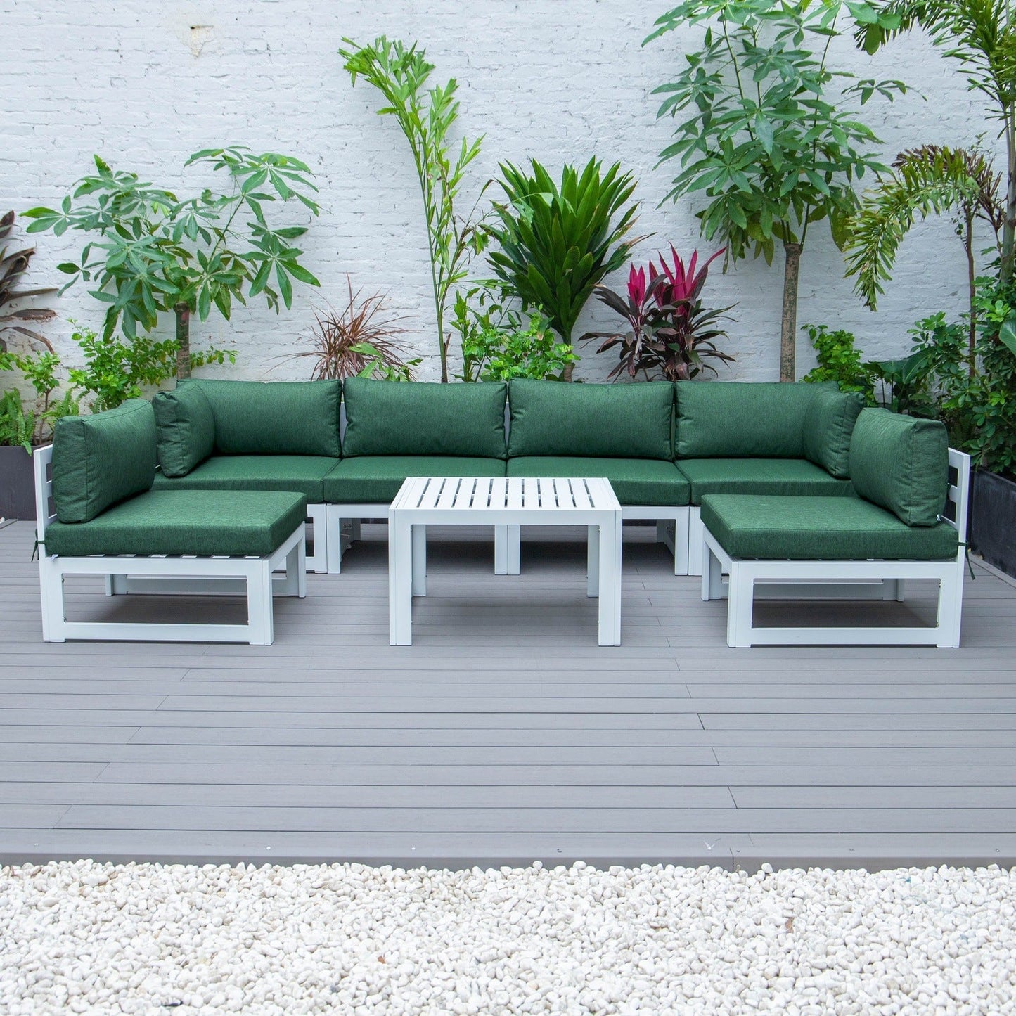 Chelsea 7-Piece Patio Sectional And Coffee Table Set In White Aluminum With Cushions